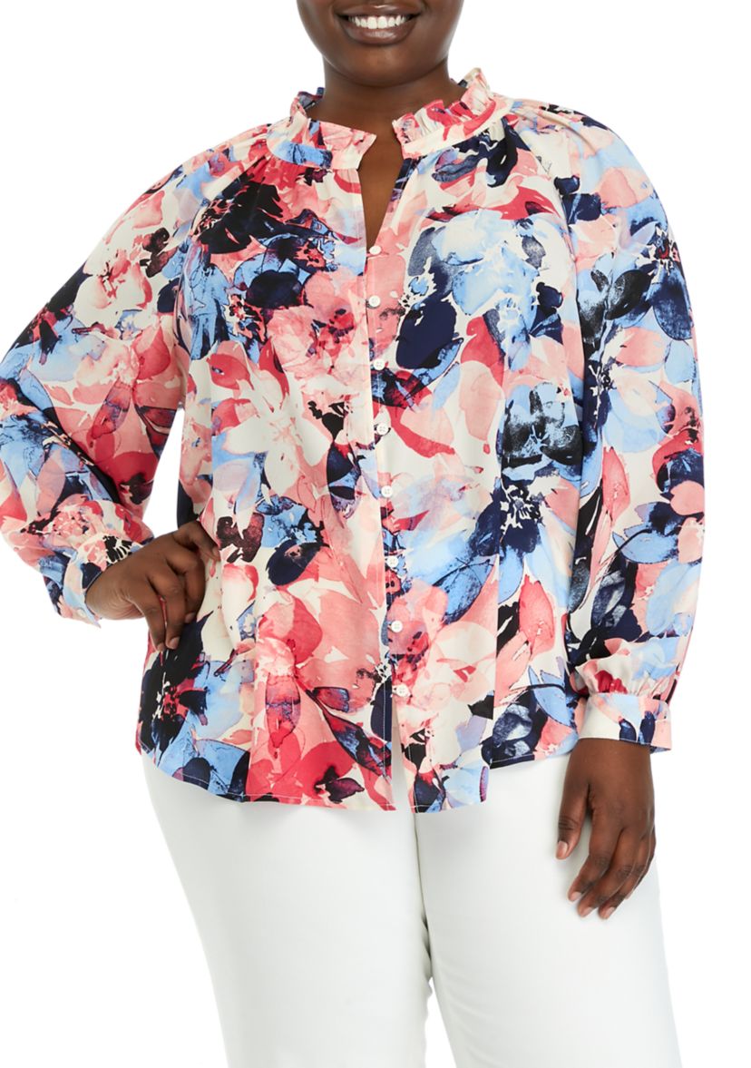 Plus Size Long Sleeve Peasant Blouse with Ruffle Neck