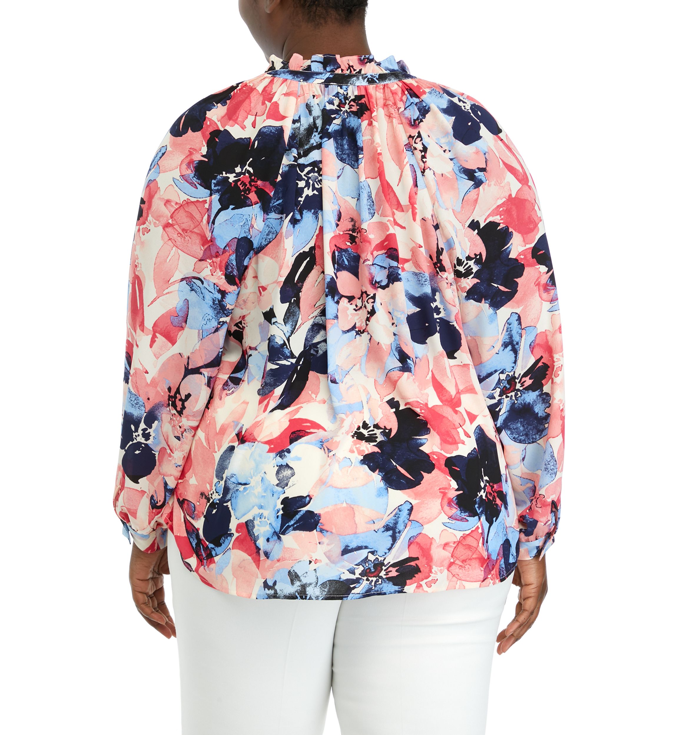 Plus Size Long Sleeve Peasant Blouse with Ruffle Neck