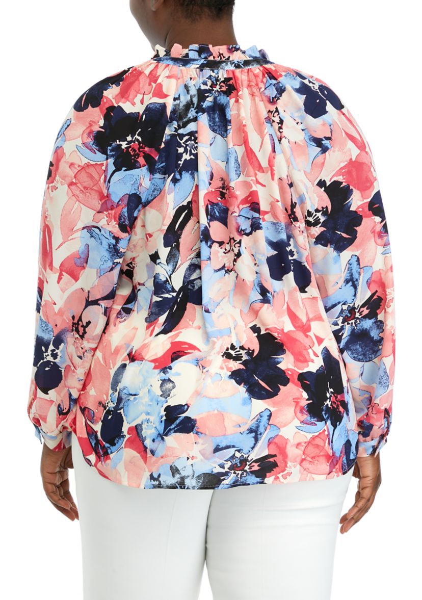 Plus Size Long Sleeve Peasant Blouse with Ruffle Neck