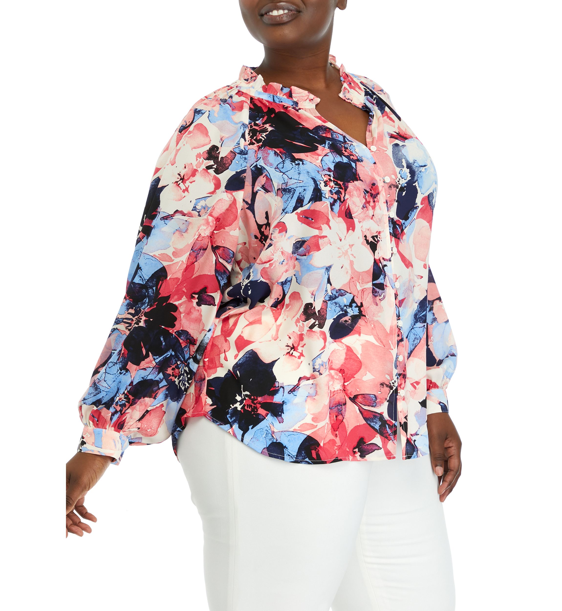 Plus Size Long Sleeve Peasant Blouse with Ruffle Neck
