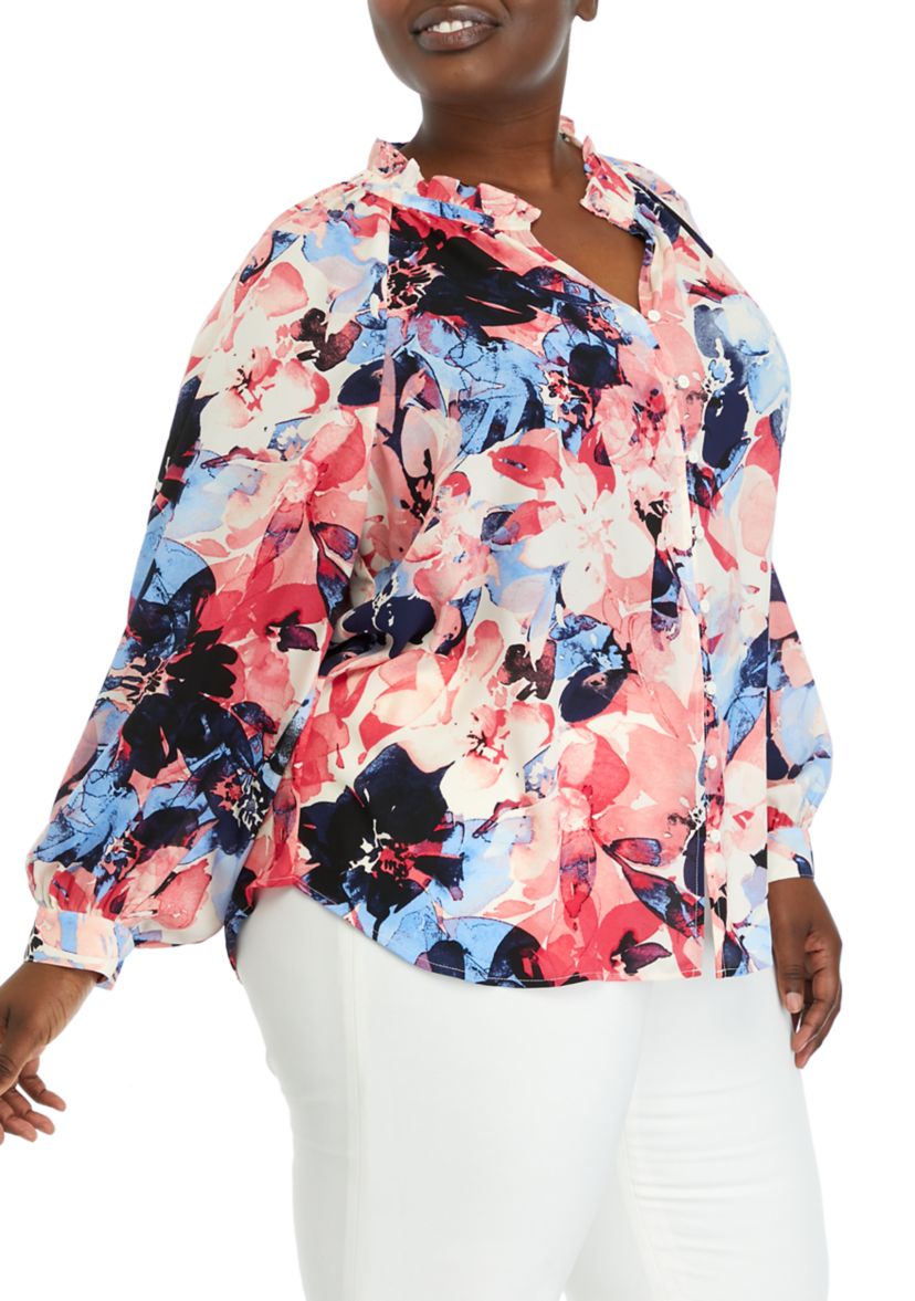 Plus Size Long Sleeve Peasant Blouse with Ruffle Neck
