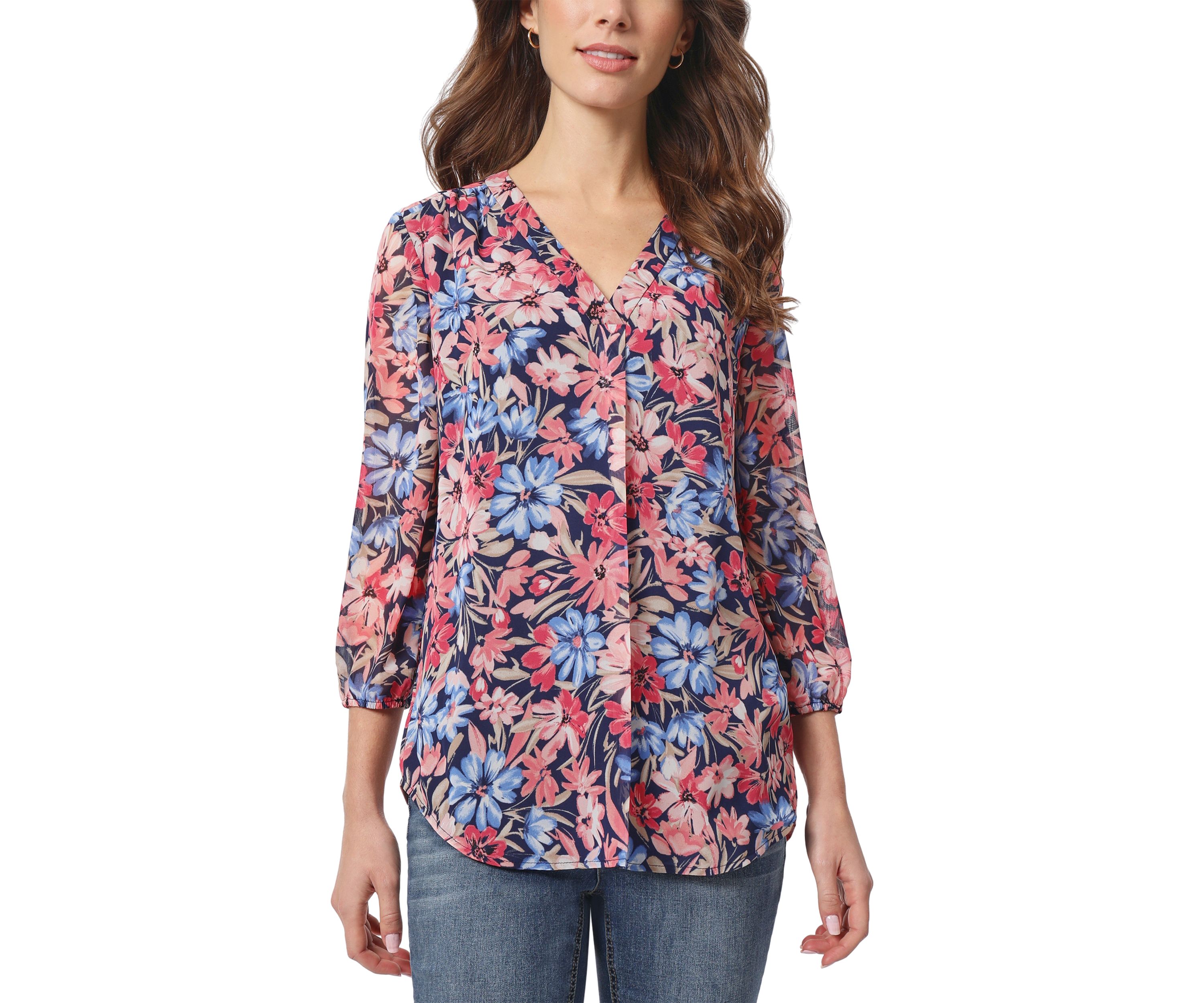 Petite 3/4 Sleeve V-Neck Pleat Front Tunic Top
