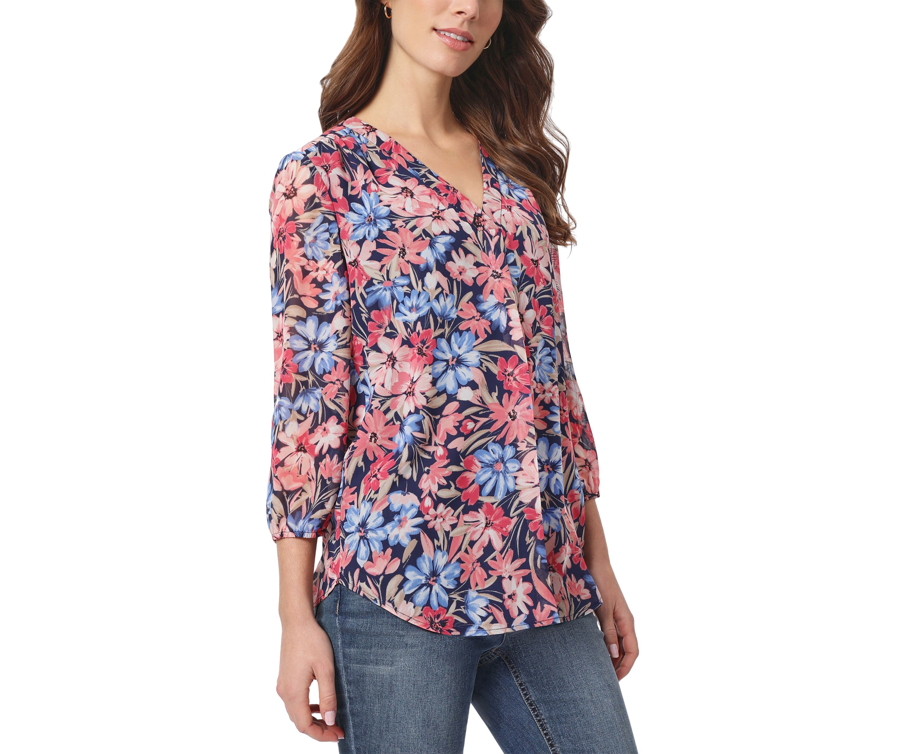 Petite 3/4 Sleeve V-Neck Pleat Front Tunic Top