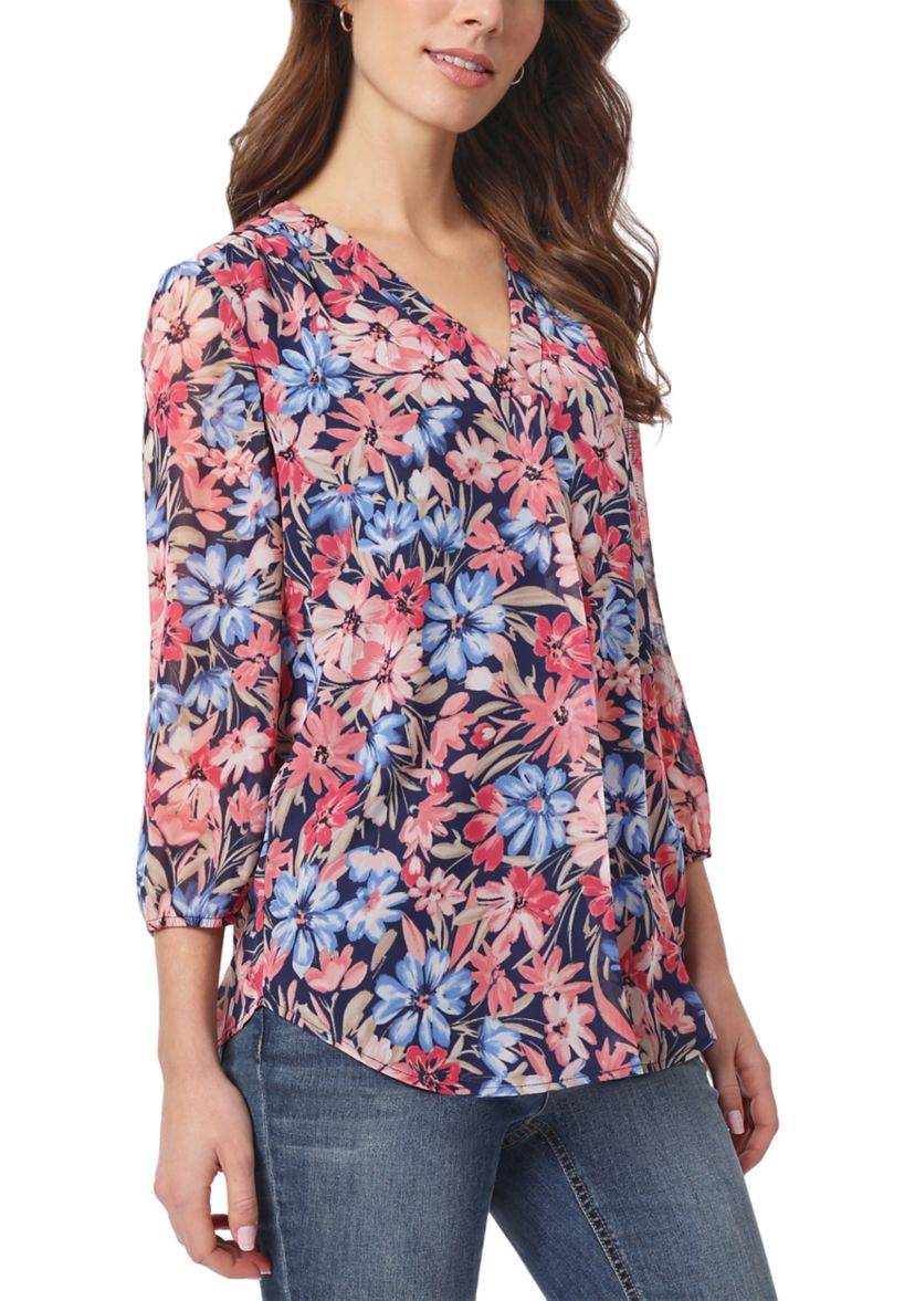 Petite 3/4 Sleeve V-Neck Pleat Front Tunic Top
