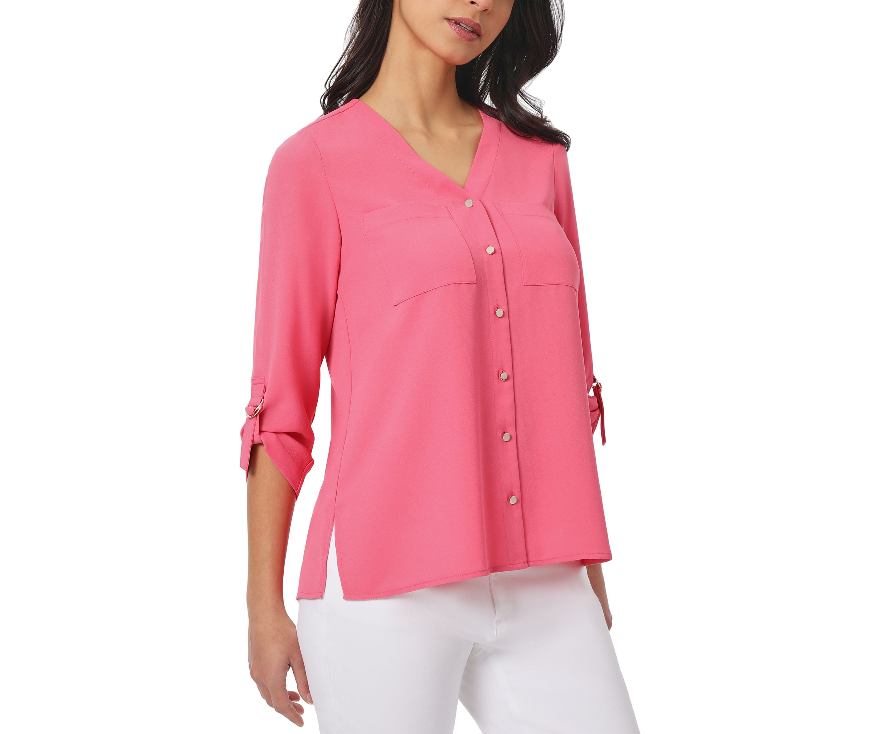 Petite Long Sleeve Collarless Tunic Top