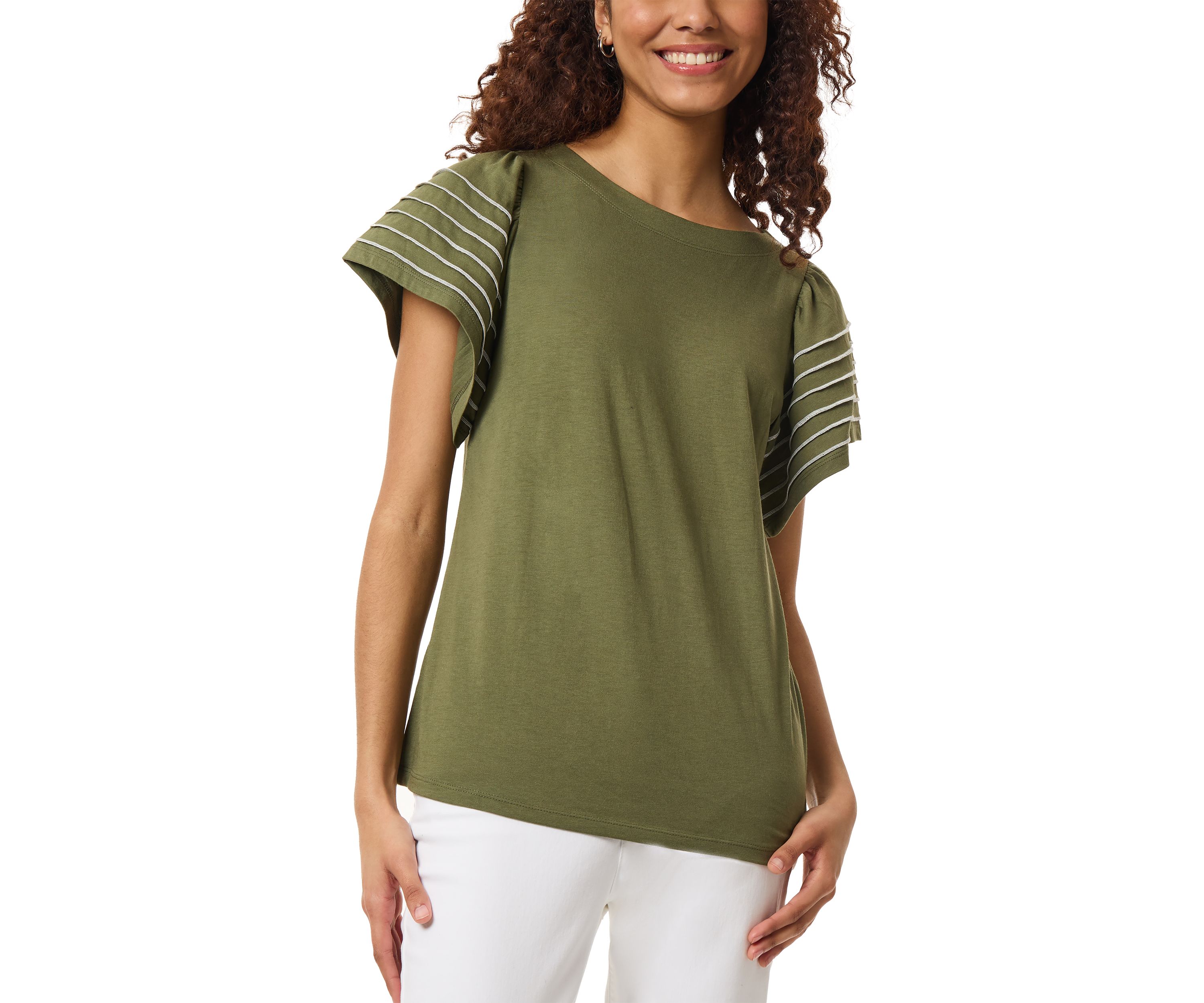Petite Flutter Sleeve T-Shirt with Pearl Stitching