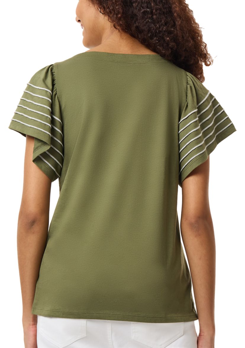 Petite Flutter Sleeve T-Shirt with Pearl Stitching