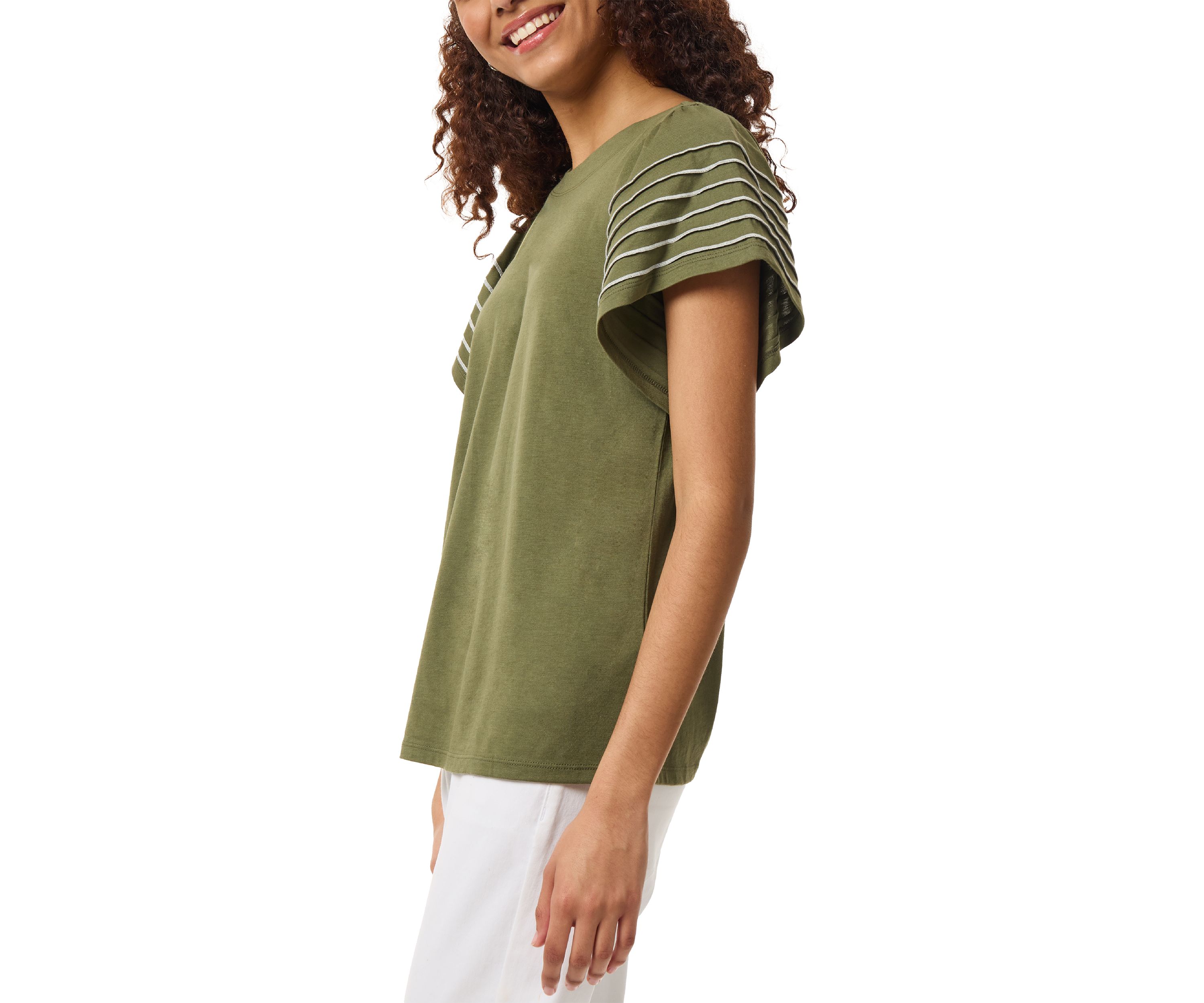 Petite Flutter Sleeve T-Shirt with Pearl Stitching