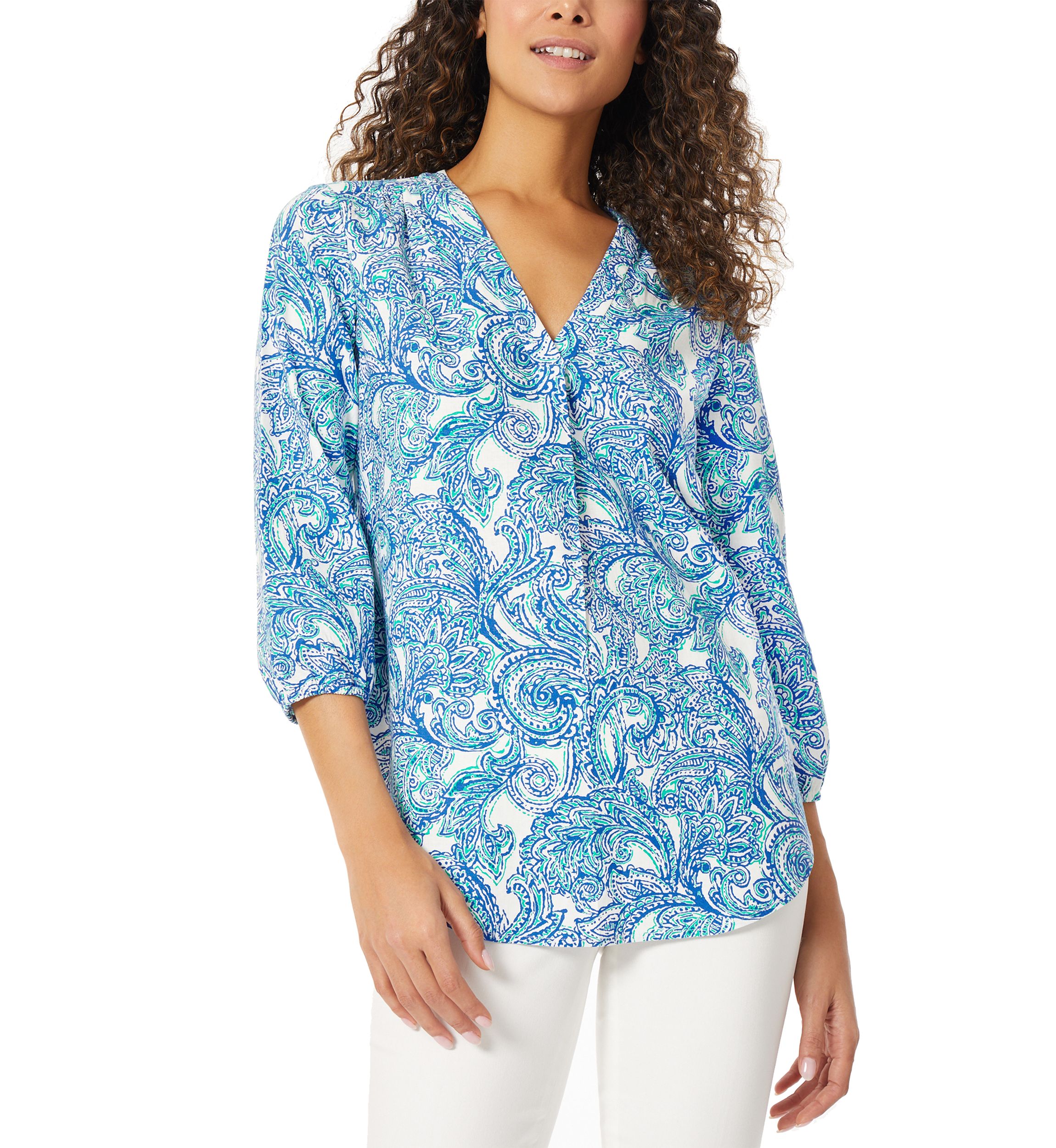 Petite 3/4 Sleeve V-Neck Pleat Front Tunic Top