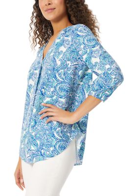 Petite 3/4 Sleeve V-Neck Pleat Front Tunic Top