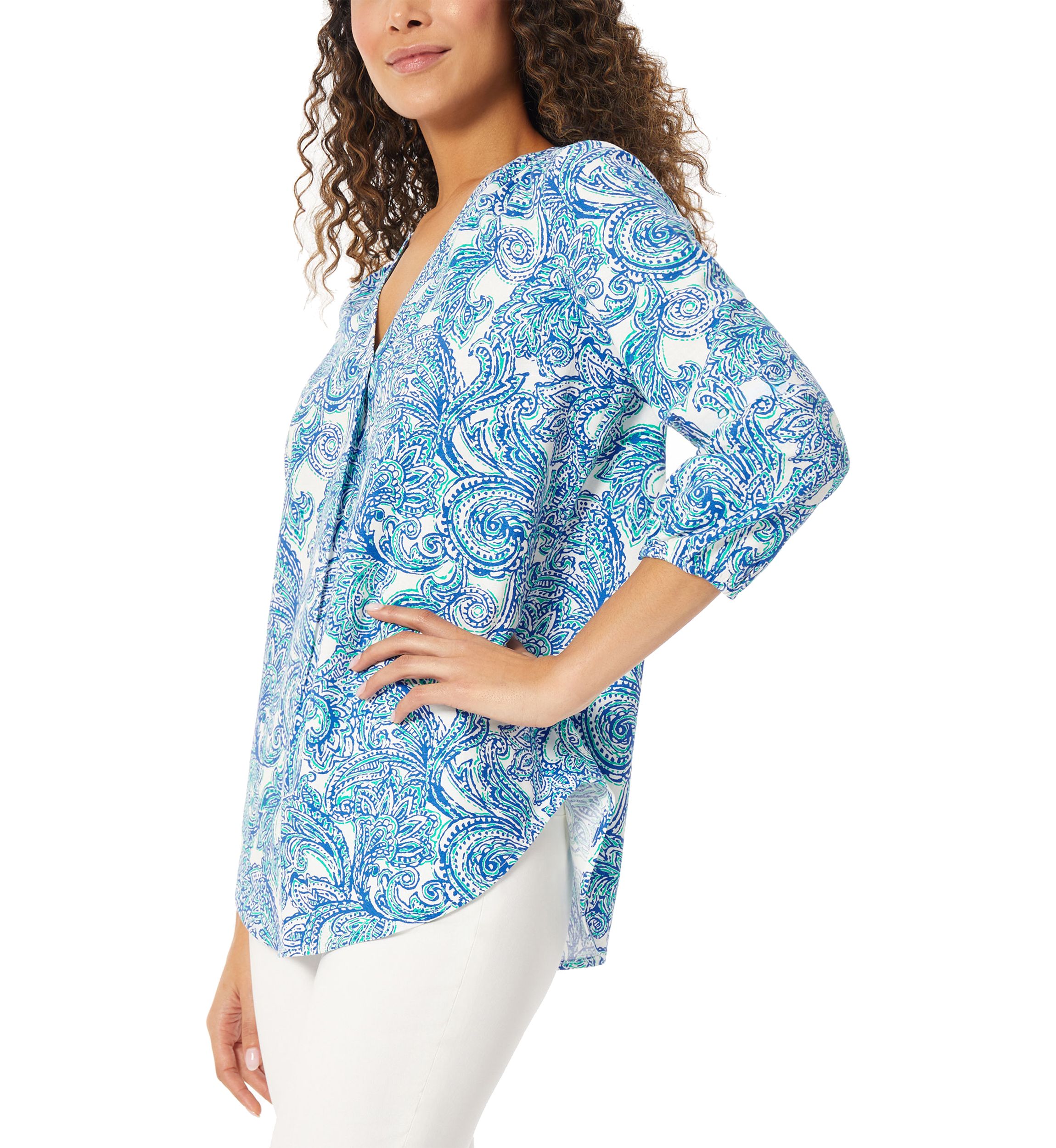 Petite 3/4 Sleeve V-Neck Pleat Front Tunic Top