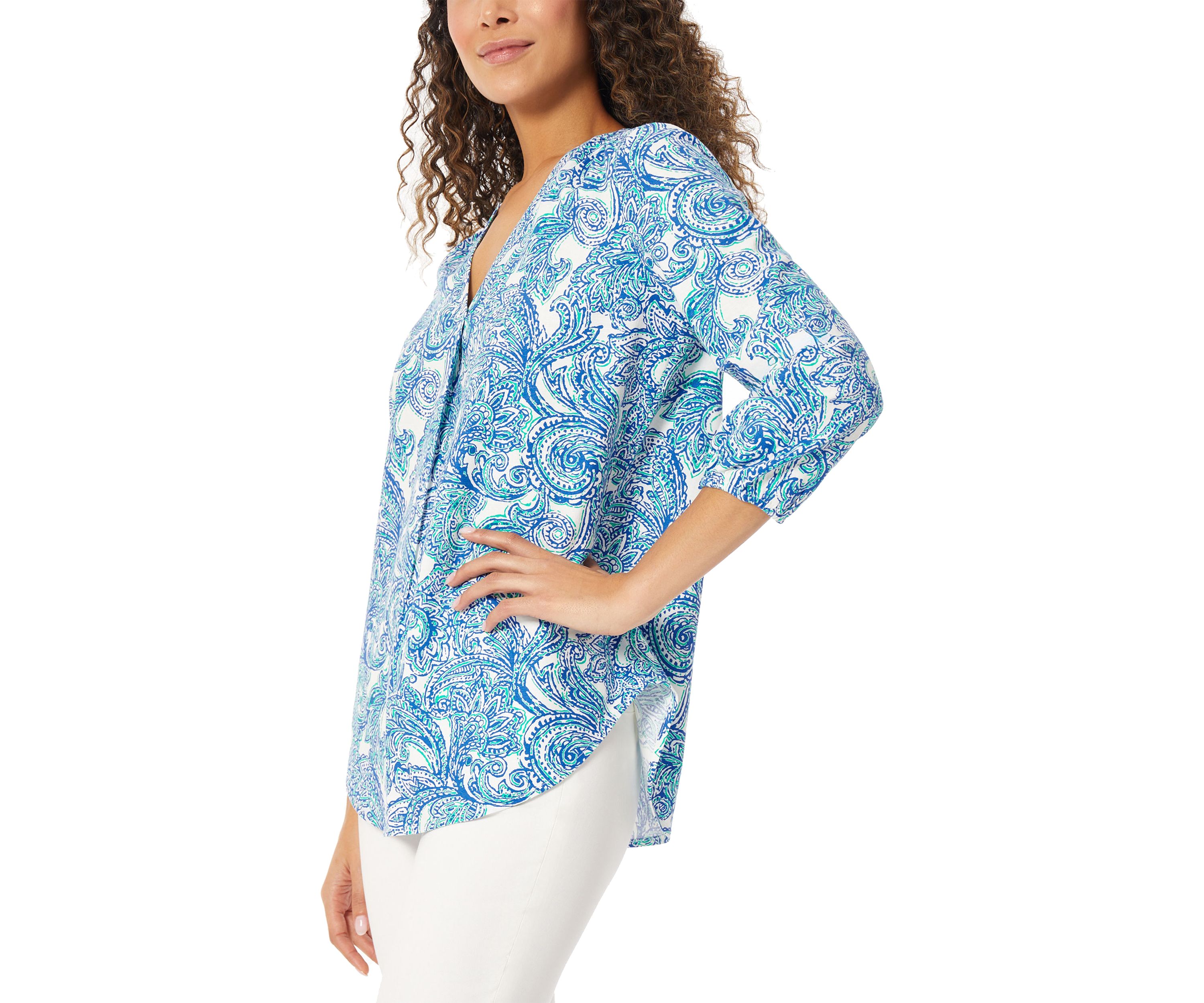 Petite 3/4 Sleeve V-Neck Pleat Front Tunic Top