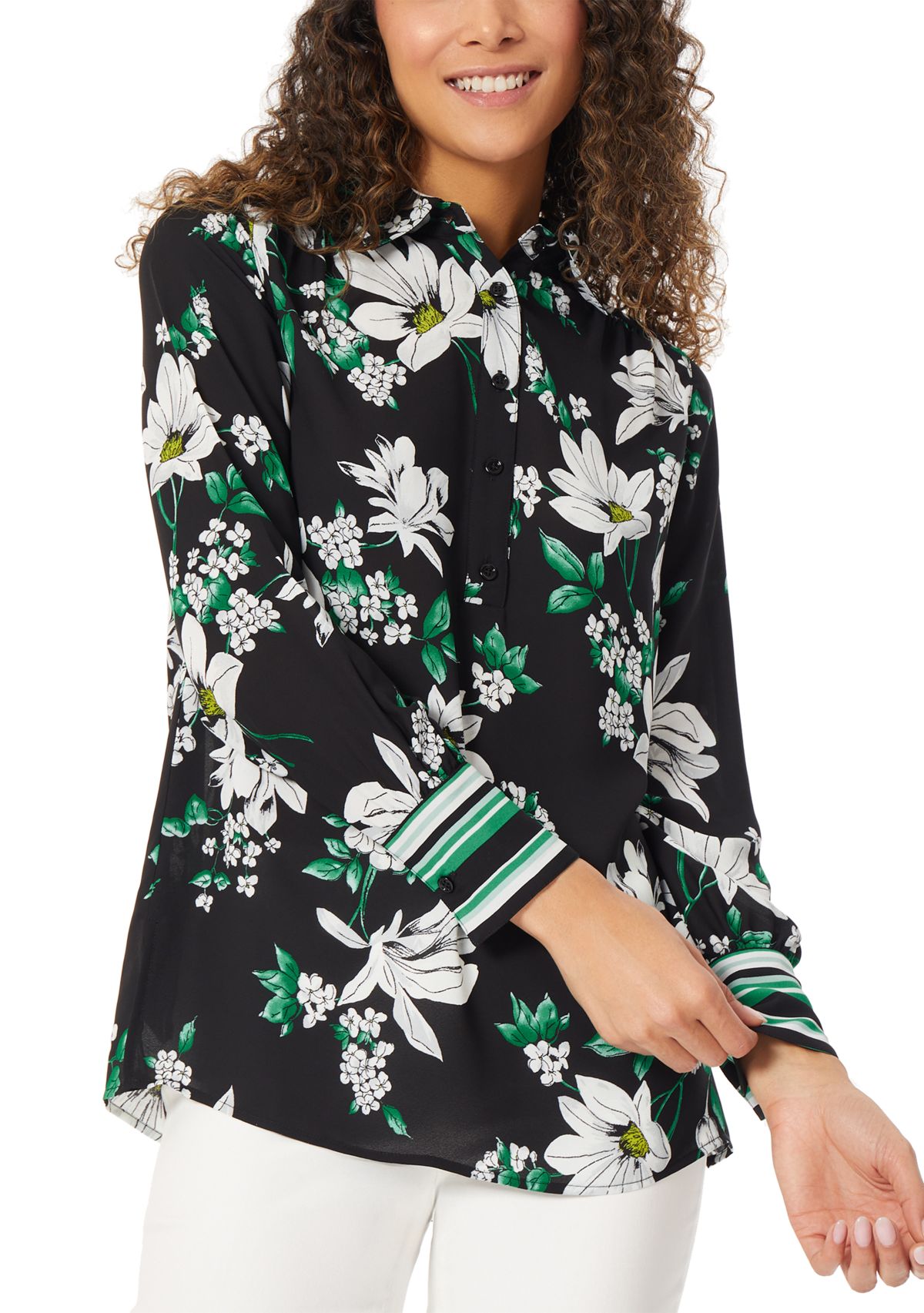 Womens Long Sleeve Popover Button Placket Tunic Blouse