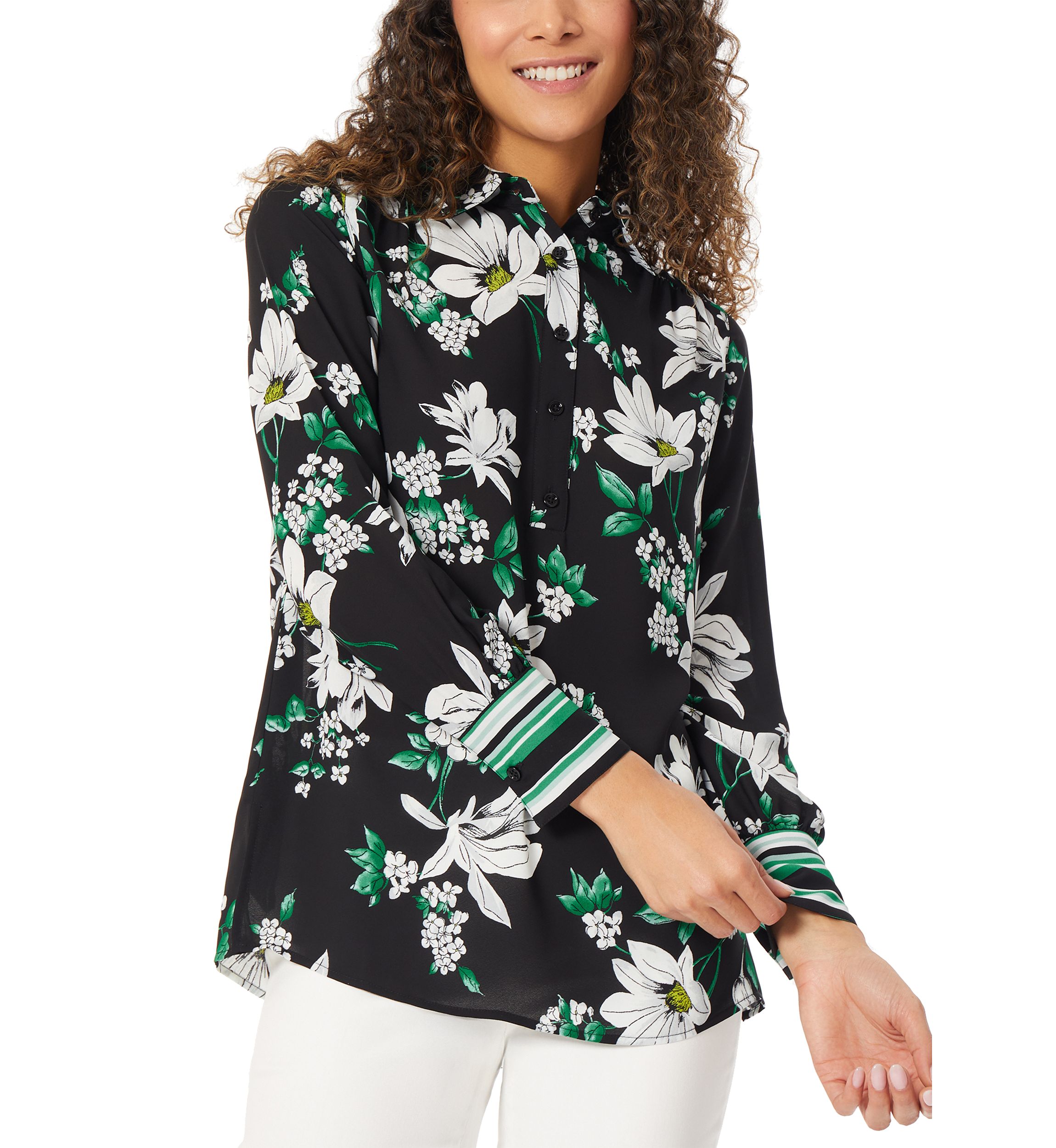 Womens Long Sleeve Popover Button Placket Tunic Blouse