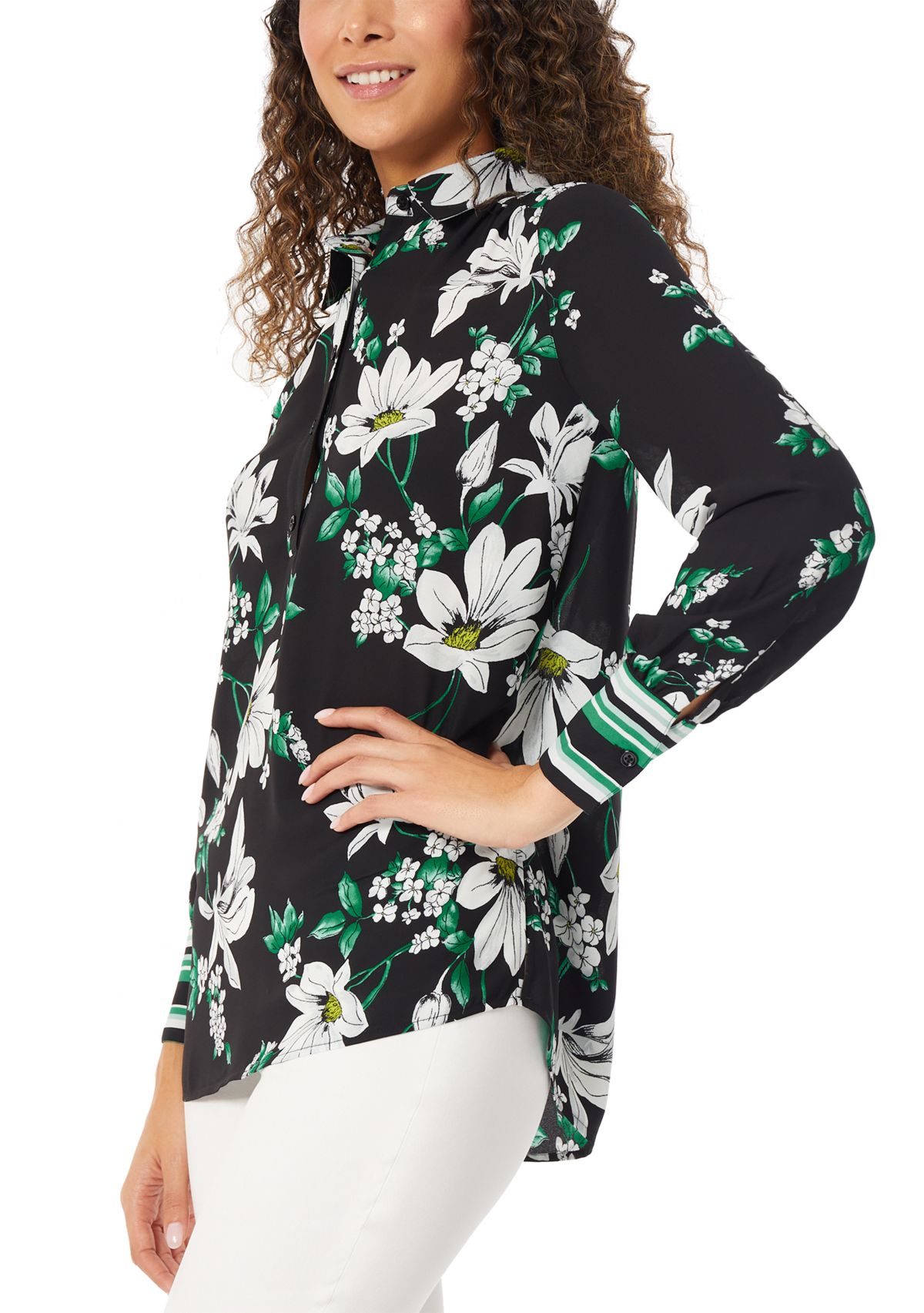 Womens Long Sleeve Popover Button Placket Tunic Blouse