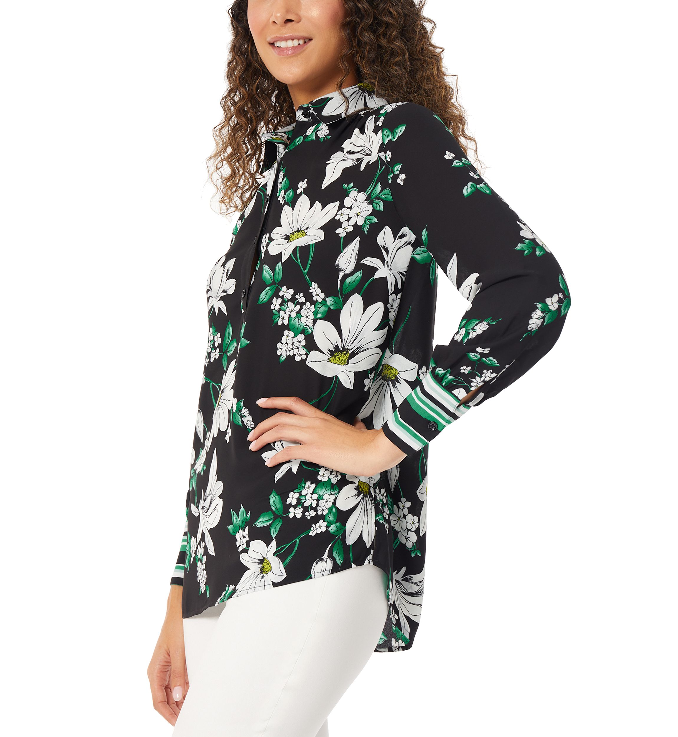 Womens Long Sleeve Popover Button Placket Tunic Blouse