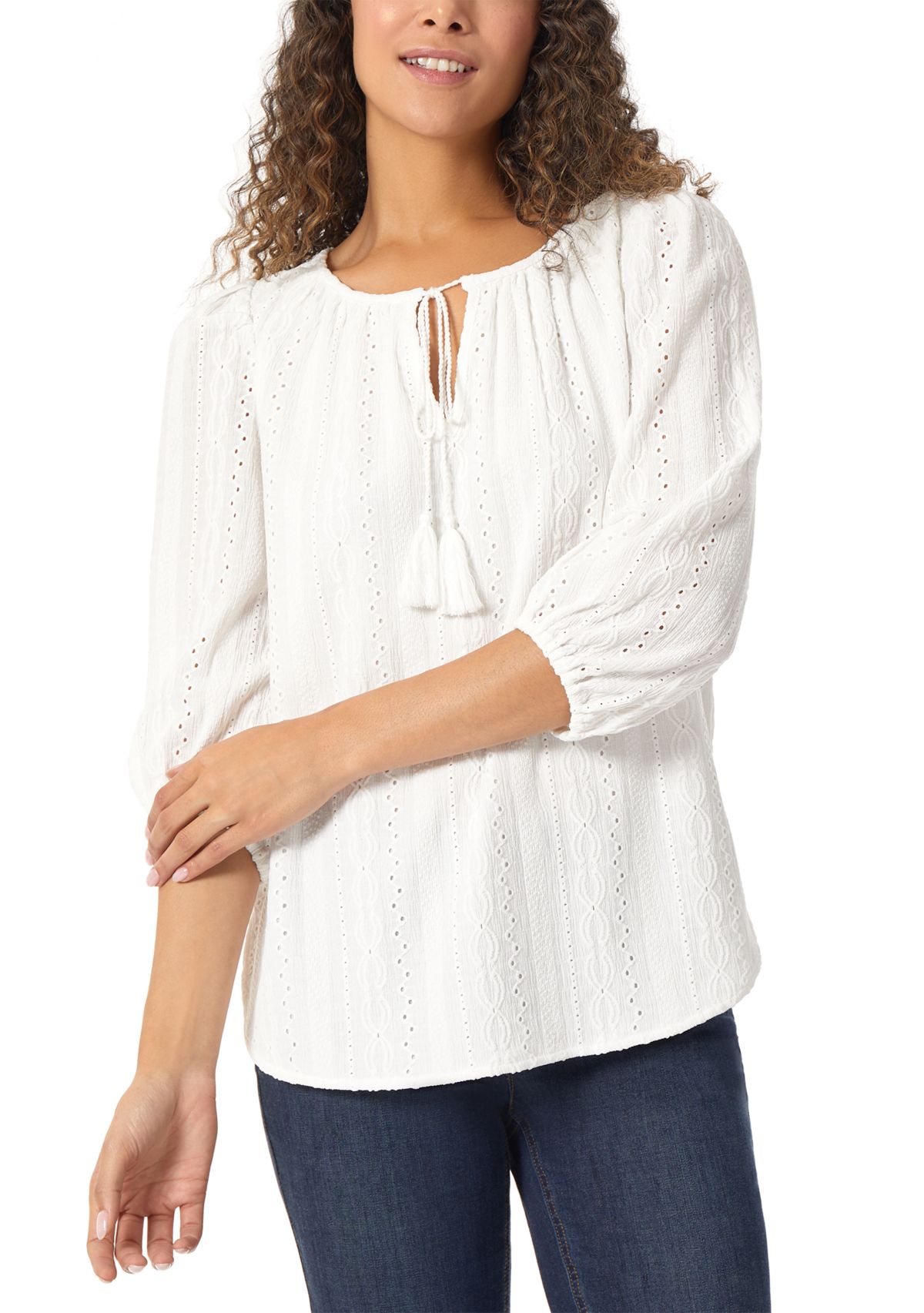 Womens Eyelet Tie Neck Blouson Sleeve Tunic Top with Tassels