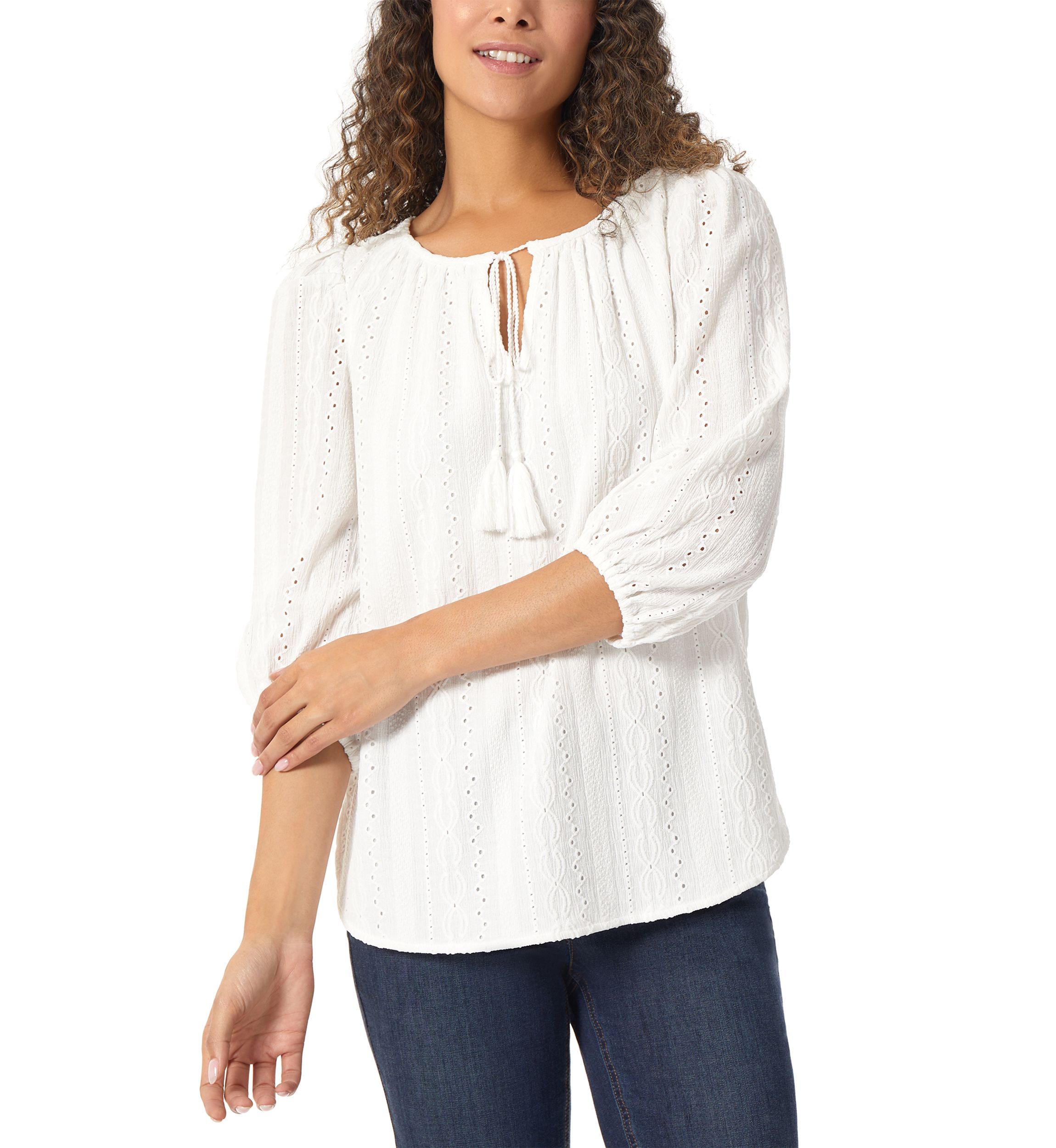 Womens Eyelet Tie Neck Blouson Sleeve Tunic Top with Tassels