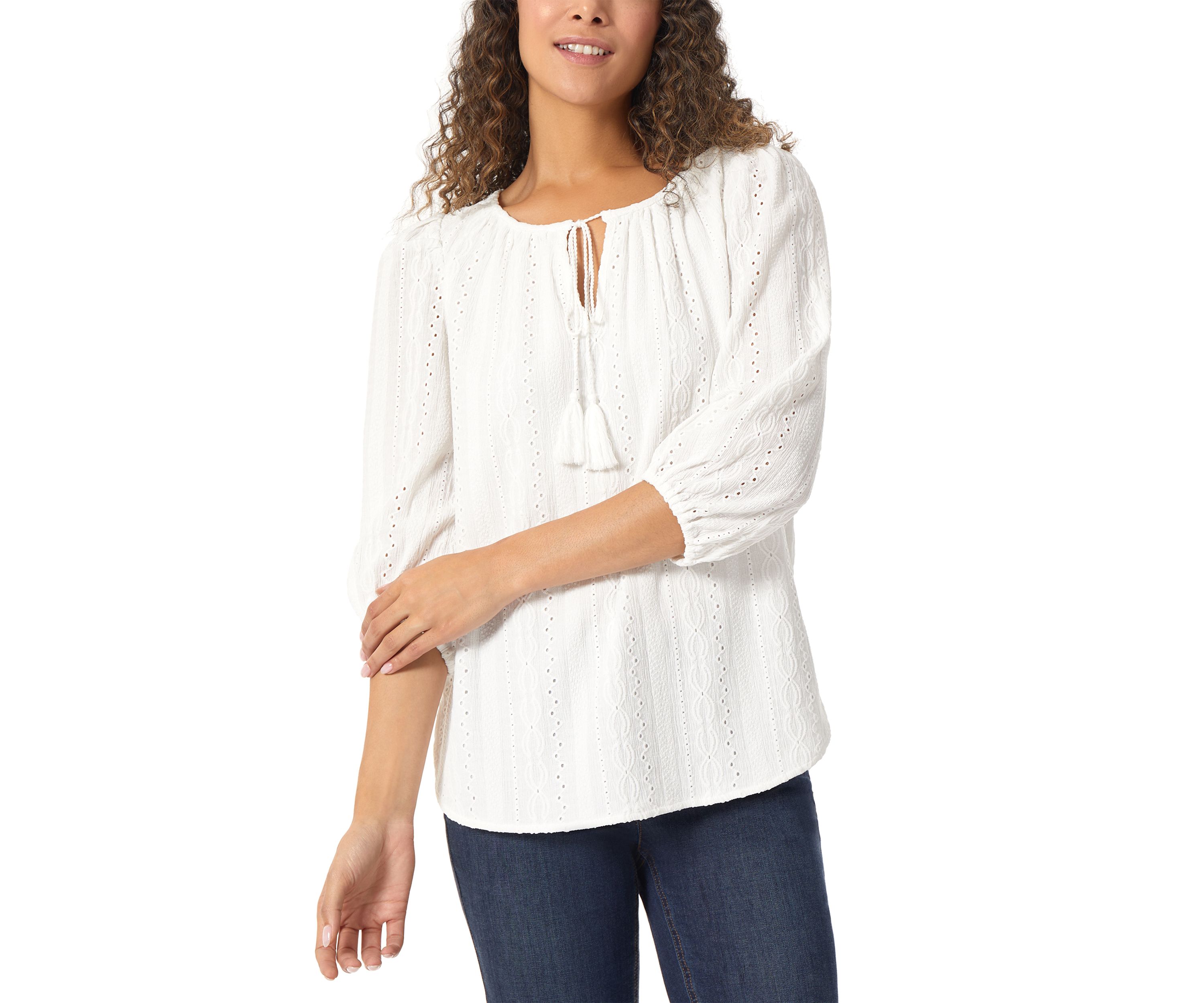 Womens Eyelet Tie Neck Blouson Sleeve Tunic Top with Tassels
