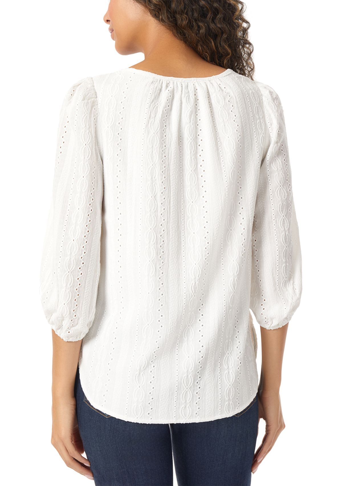 Womens Eyelet Tie Neck Blouson Sleeve Tunic Top with Tassels