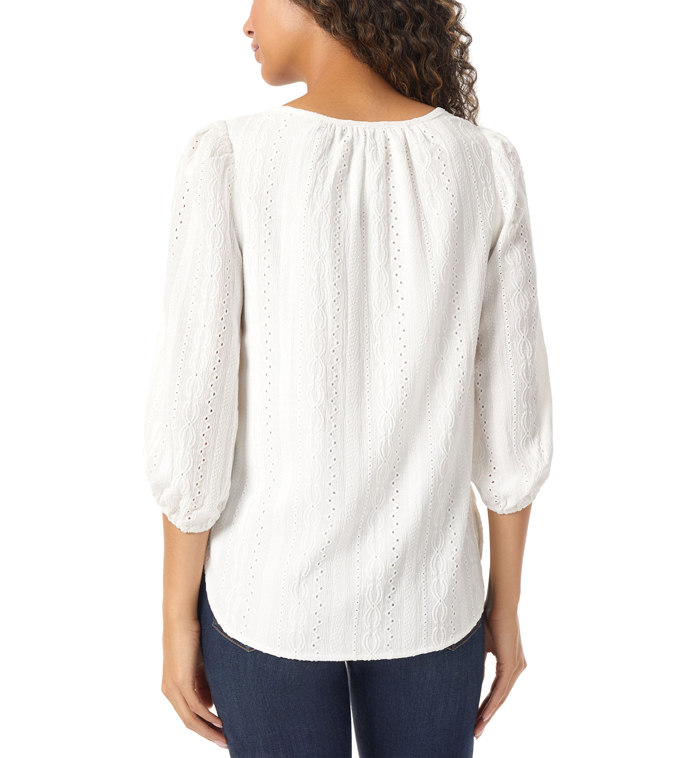 Womens Eyelet Tie Neck Blouson Sleeve Tunic Top with Tassels