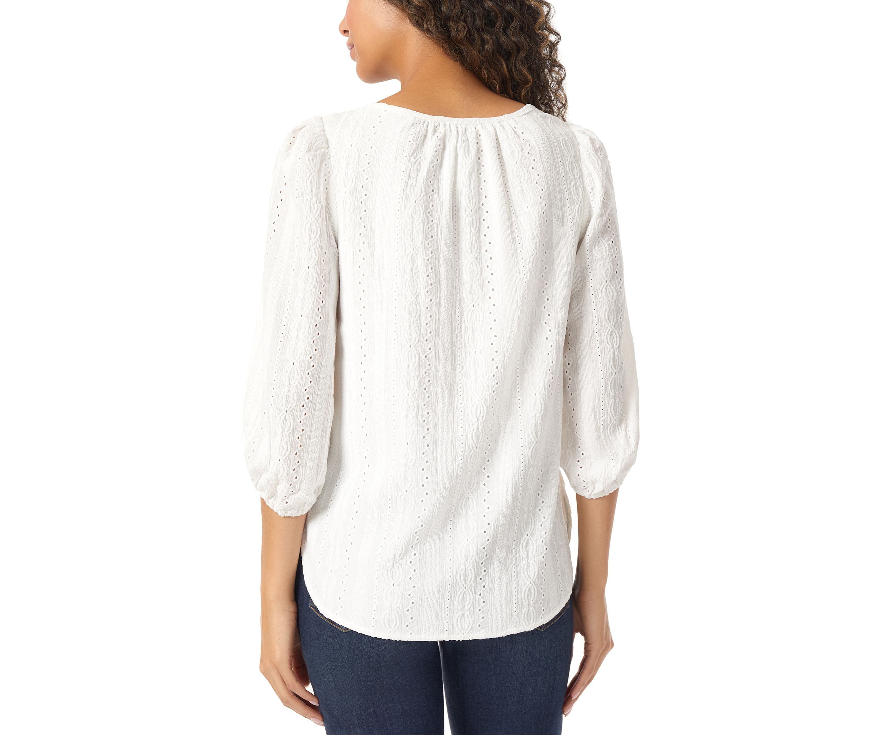 Womens Eyelet Tie Neck Blouson Sleeve Tunic Top with Tassels