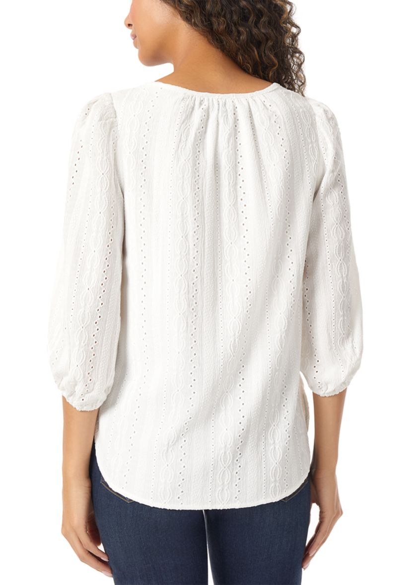 Womens Eyelet Tie Neck Blouson Sleeve Tunic Top with Tassels