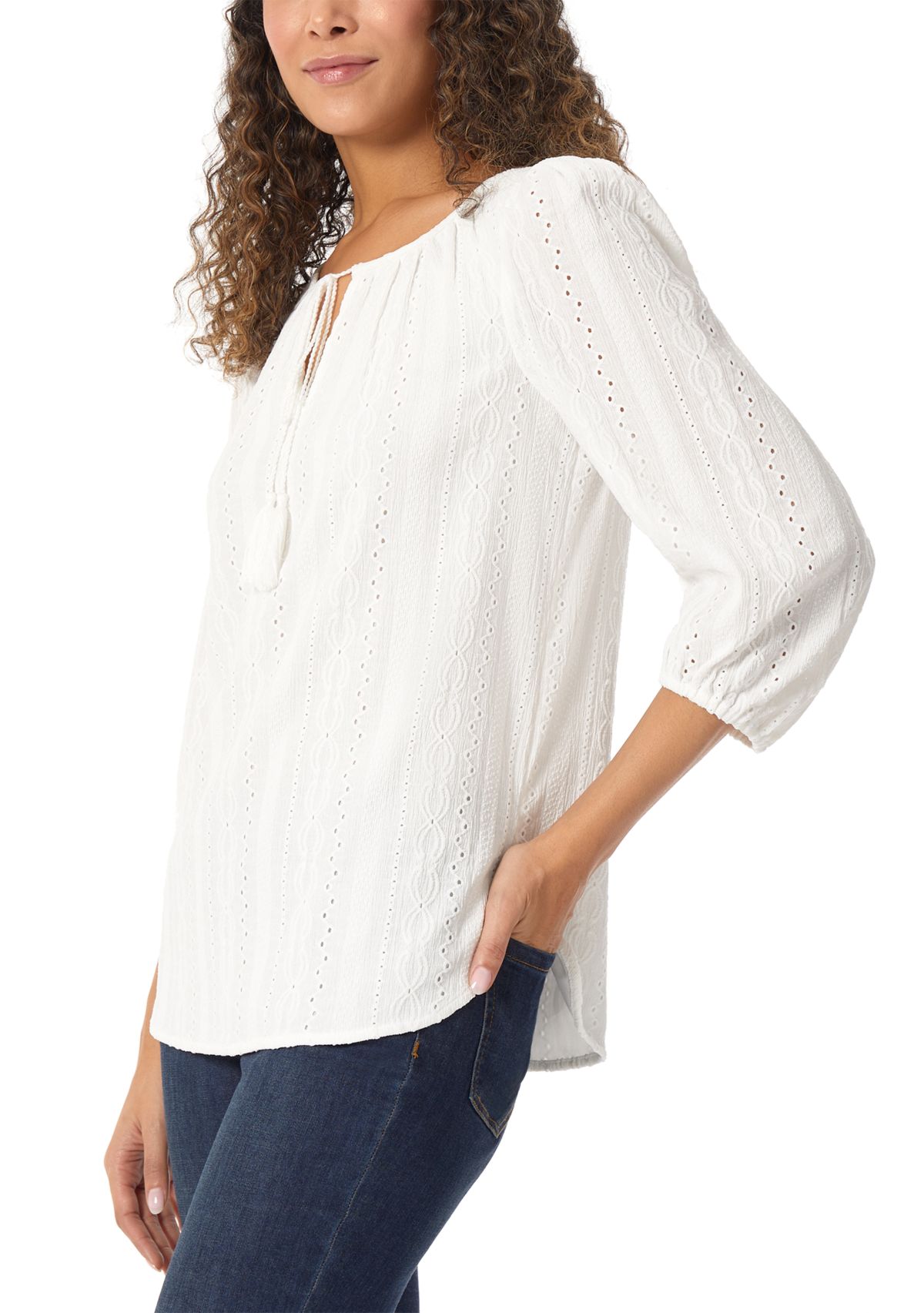 Womens Eyelet Tie Neck Blouson Sleeve Tunic Top with Tassels
