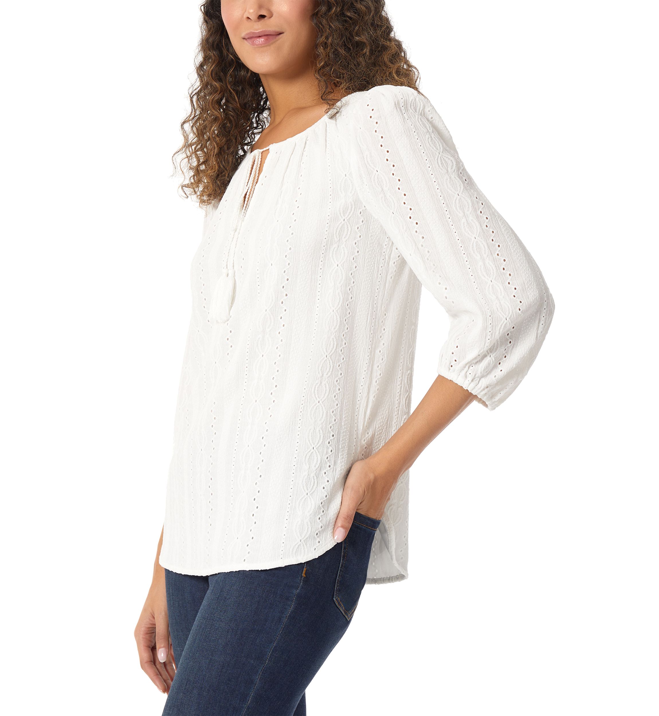 Womens Eyelet Tie Neck Blouson Sleeve Tunic Top with Tassels