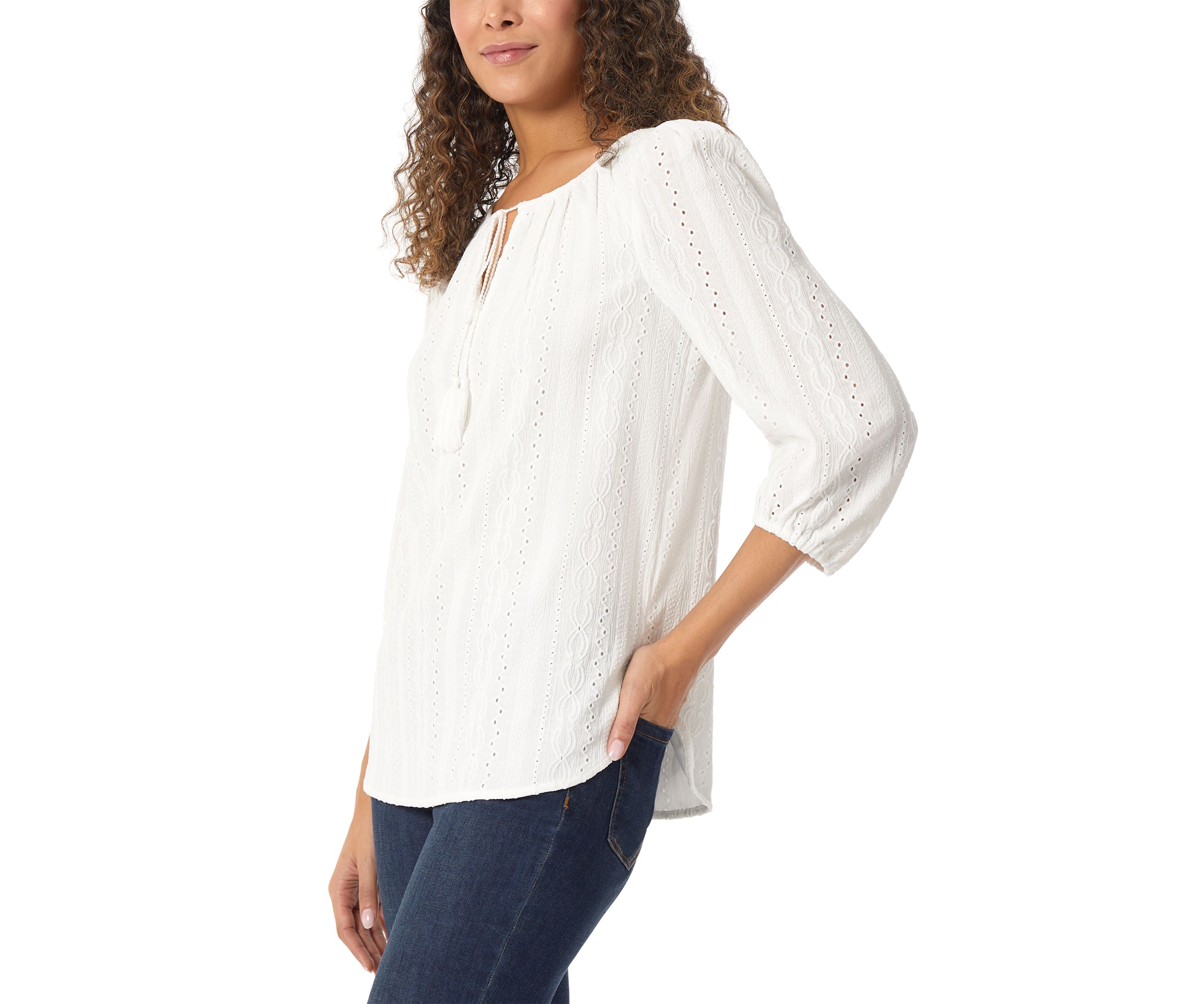 Womens Eyelet Tie Neck Blouson Sleeve Tunic Top with Tassels