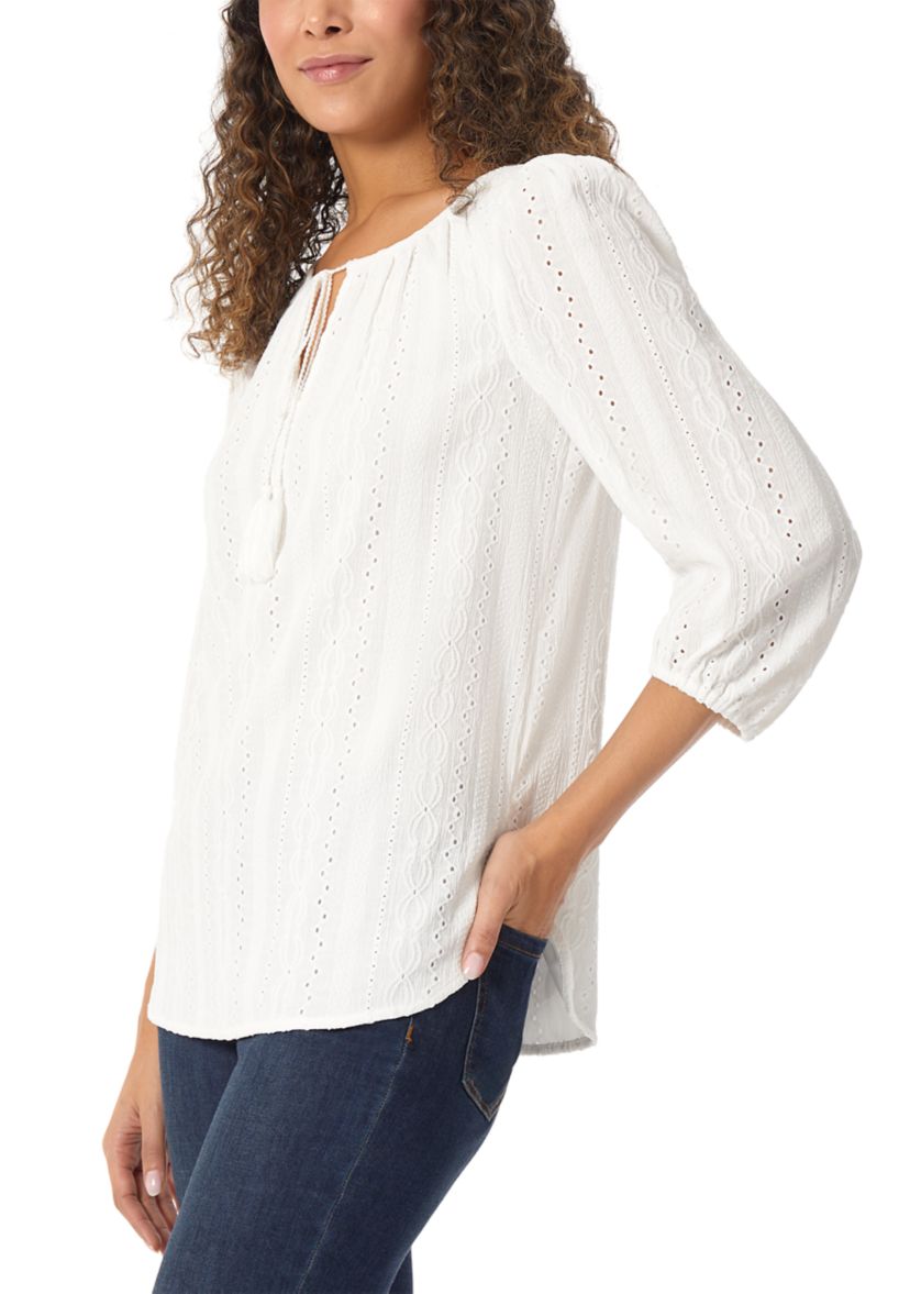 Womens Eyelet Tie Neck Blouson Sleeve Tunic Top with Tassels