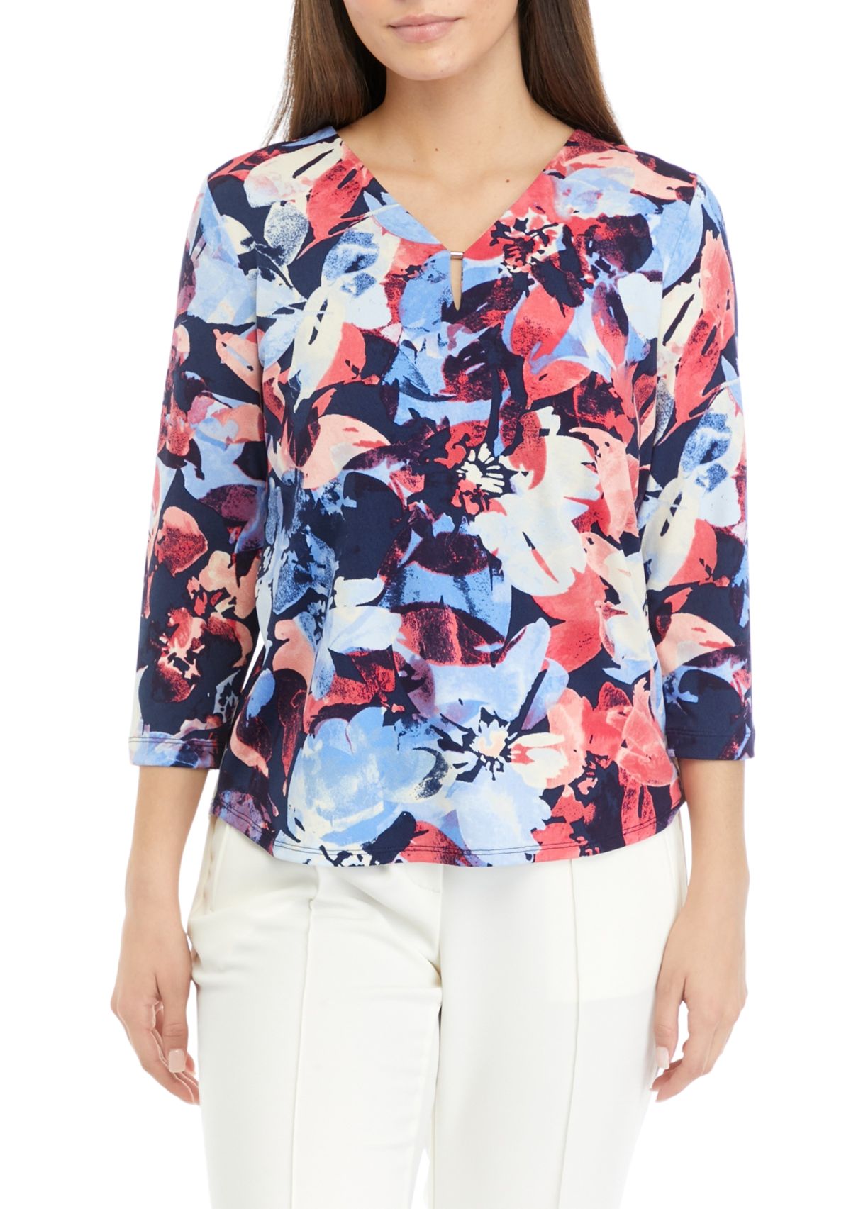 Petite 3/4 Sleeve V-Neck Printed Knit Top