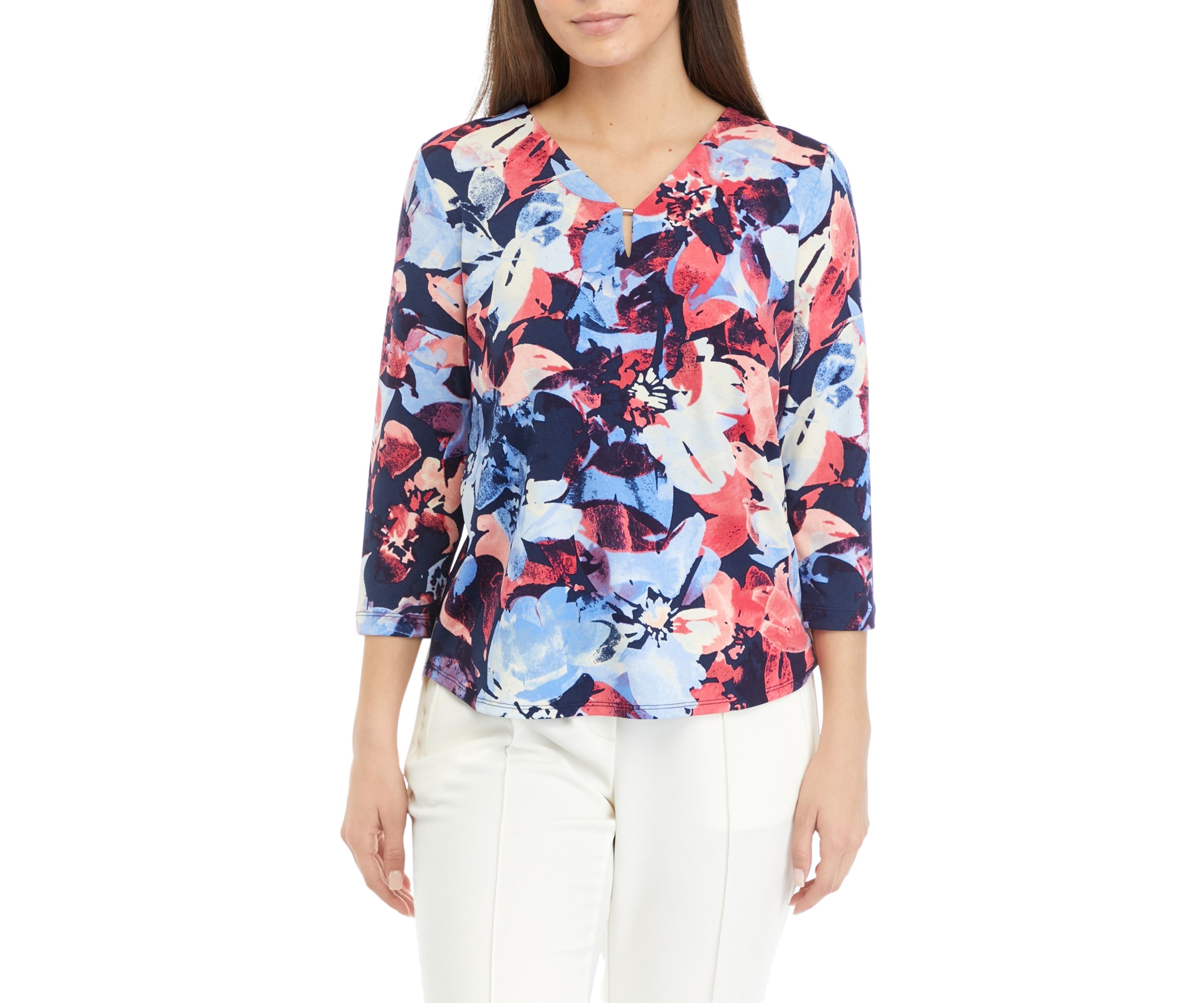 Petite 3/4 Sleeve V-Neck Printed Knit Top