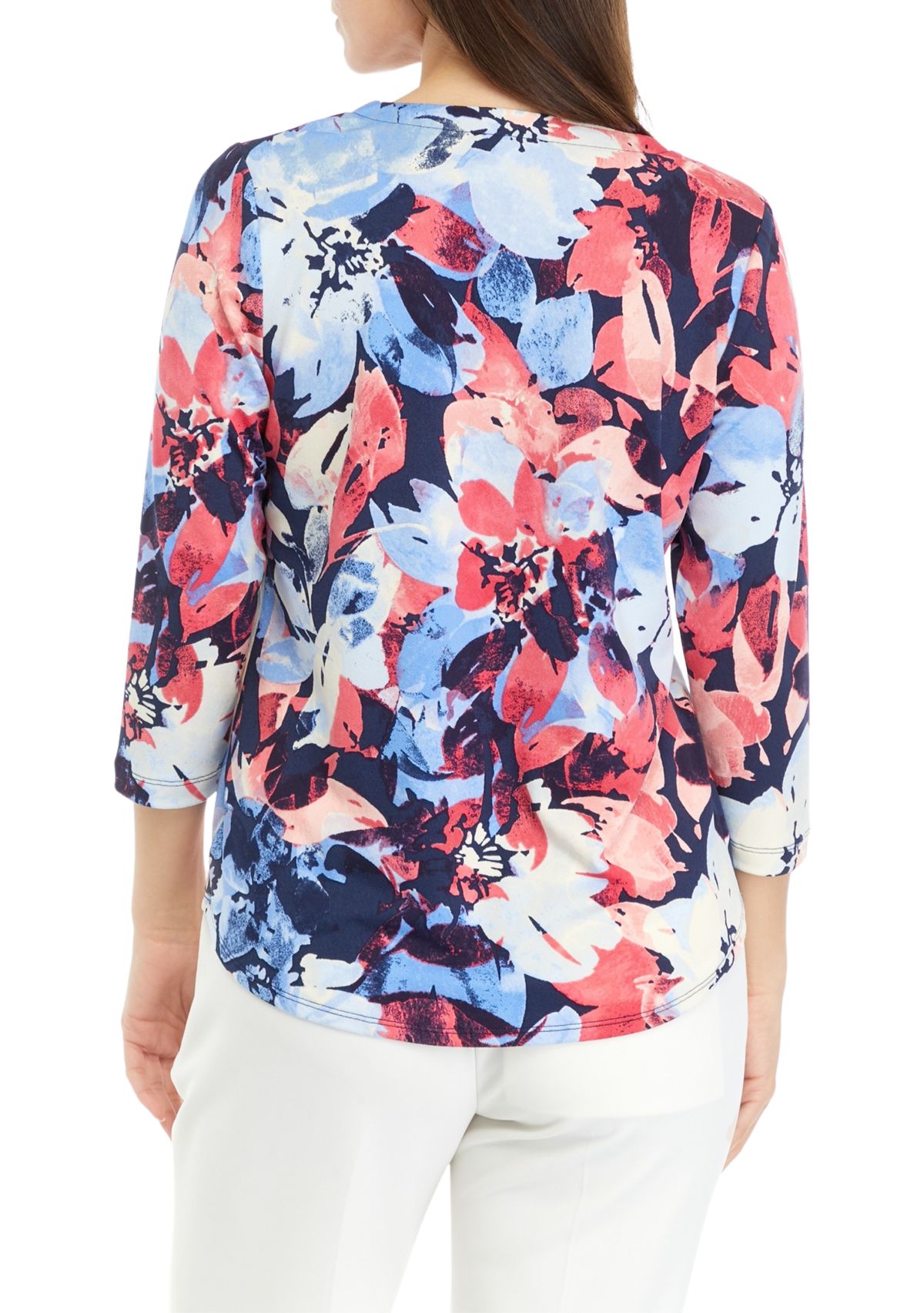 Petite 3/4 Sleeve V-Neck Printed Knit Top