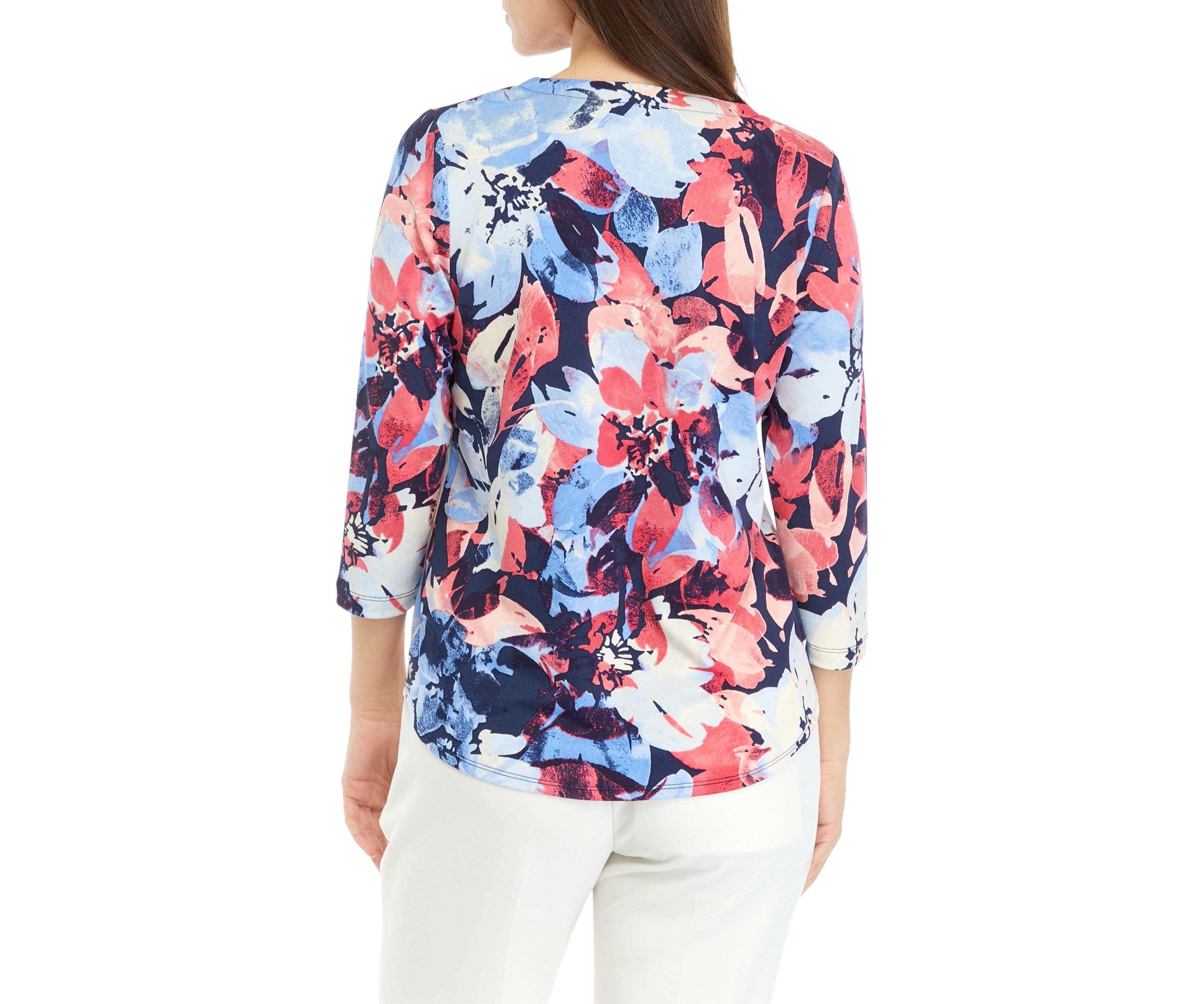 Petite 3/4 Sleeve V-Neck Printed Knit Top