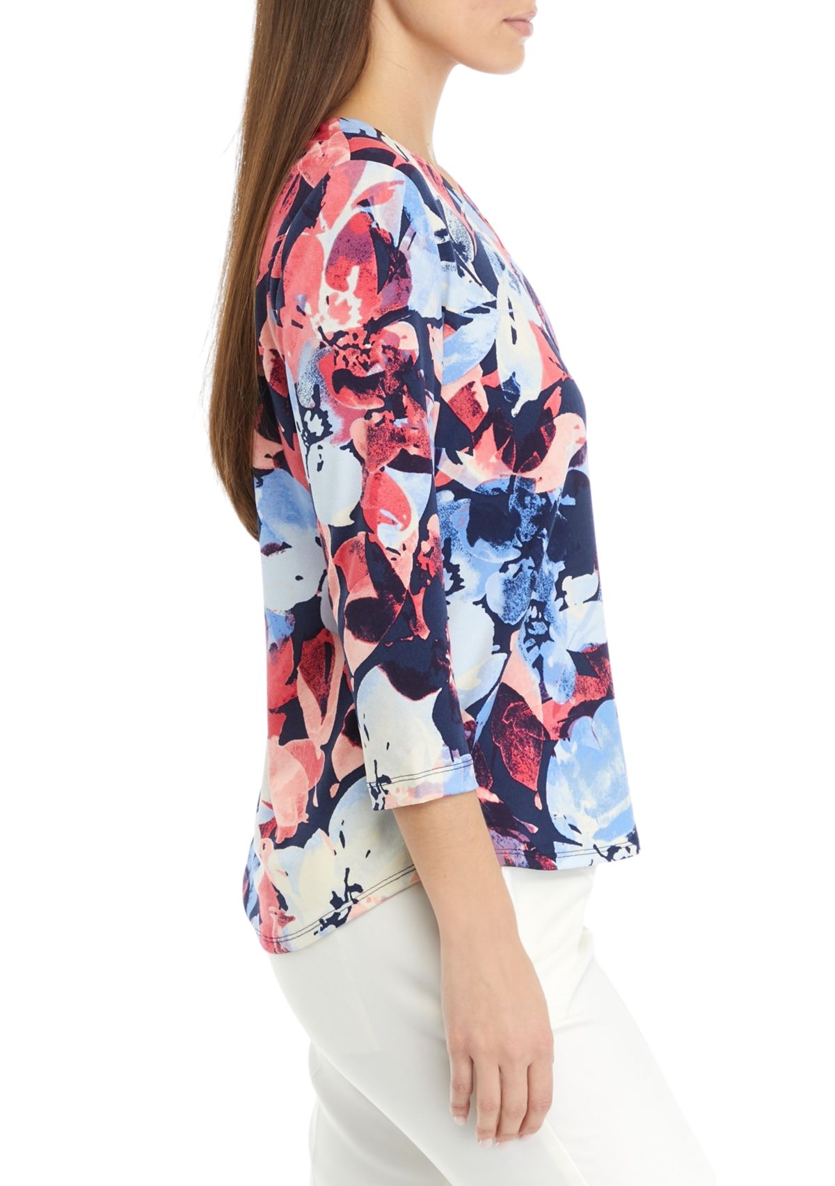 Petite 3/4 Sleeve V-Neck Printed Knit Top