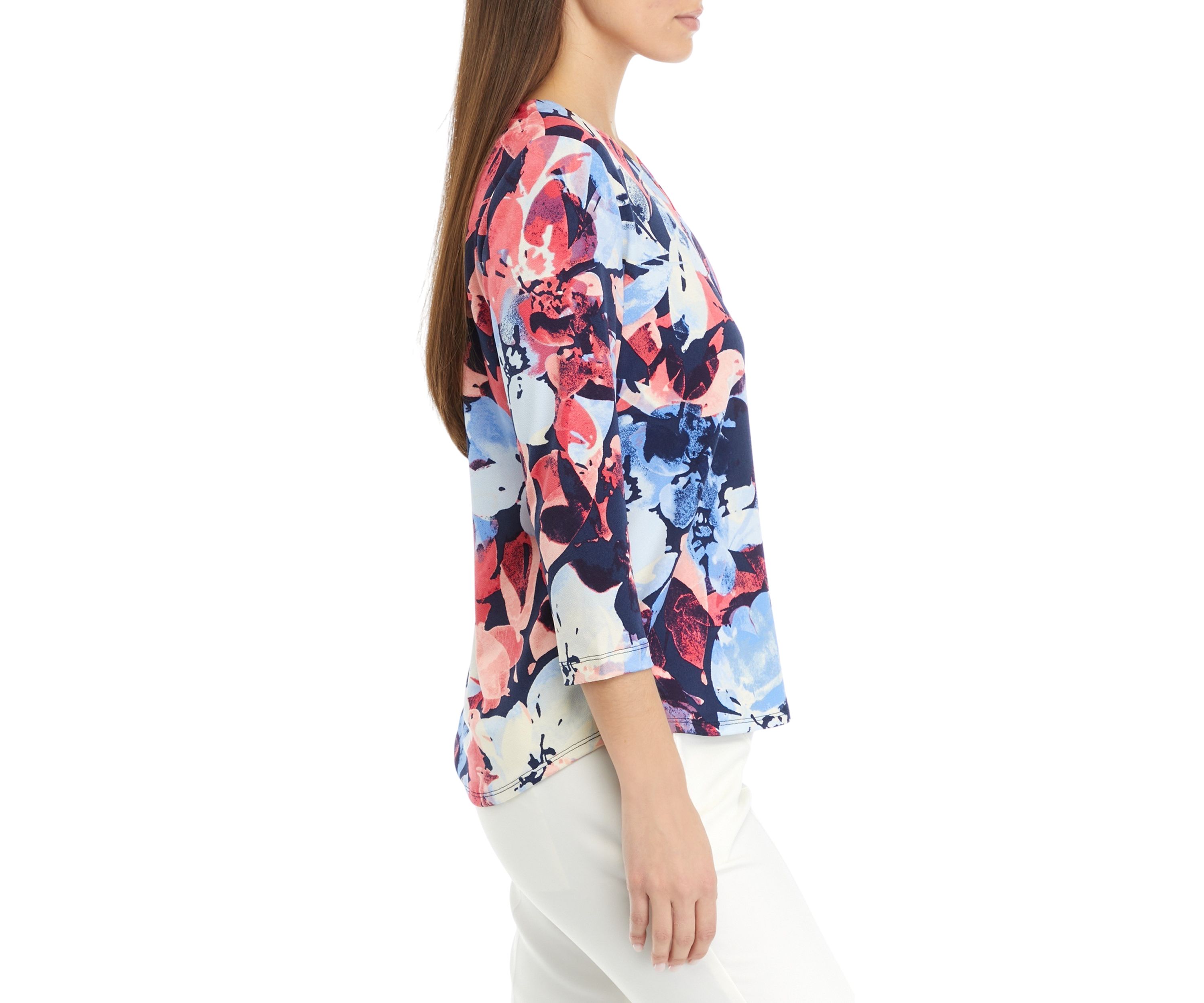 Petite 3/4 Sleeve V-Neck Printed Knit Top