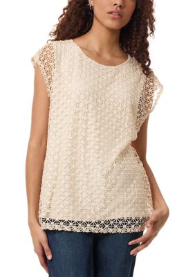 JONES NEW YORK Women's Petite Lafayette Lace Drop Shoulder Top, PL