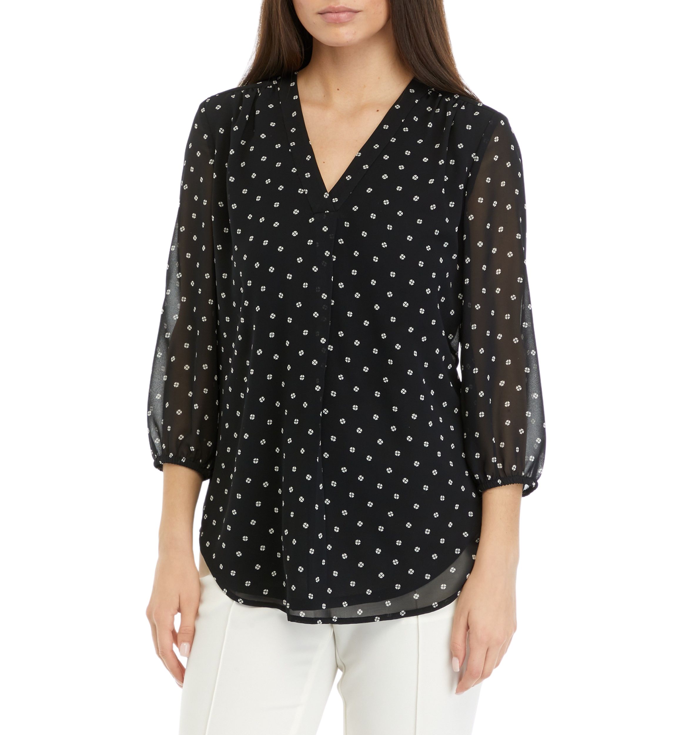 Petite 3/4 Sleeve V-Neck Pleat Front Tunic Top