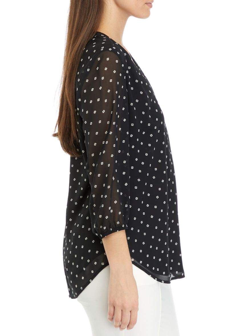 Petite 3/4 Sleeve V-Neck Pleat Front Tunic Top