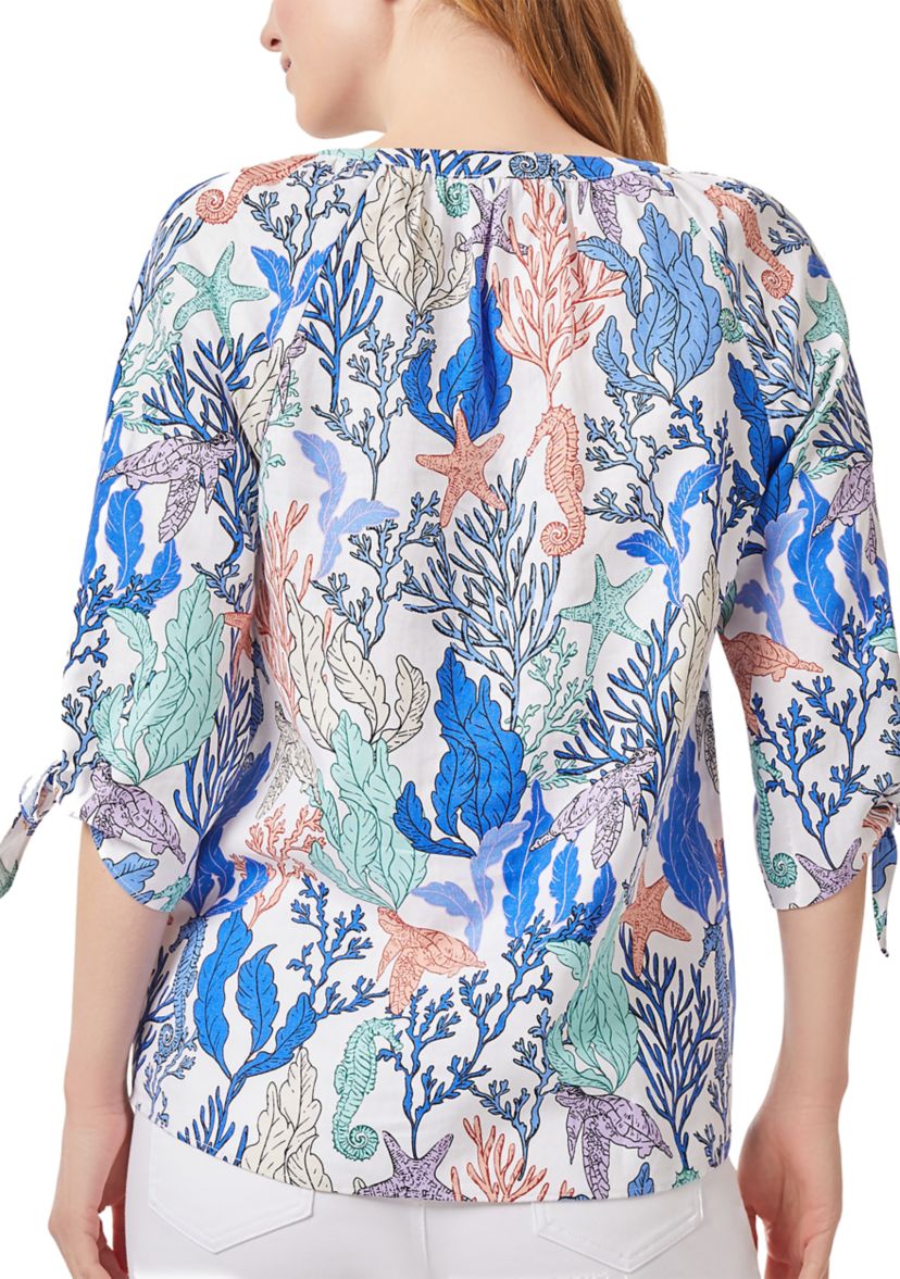 Womens Elbow Sleeve Closed Slit Tie Raglan Blouse
