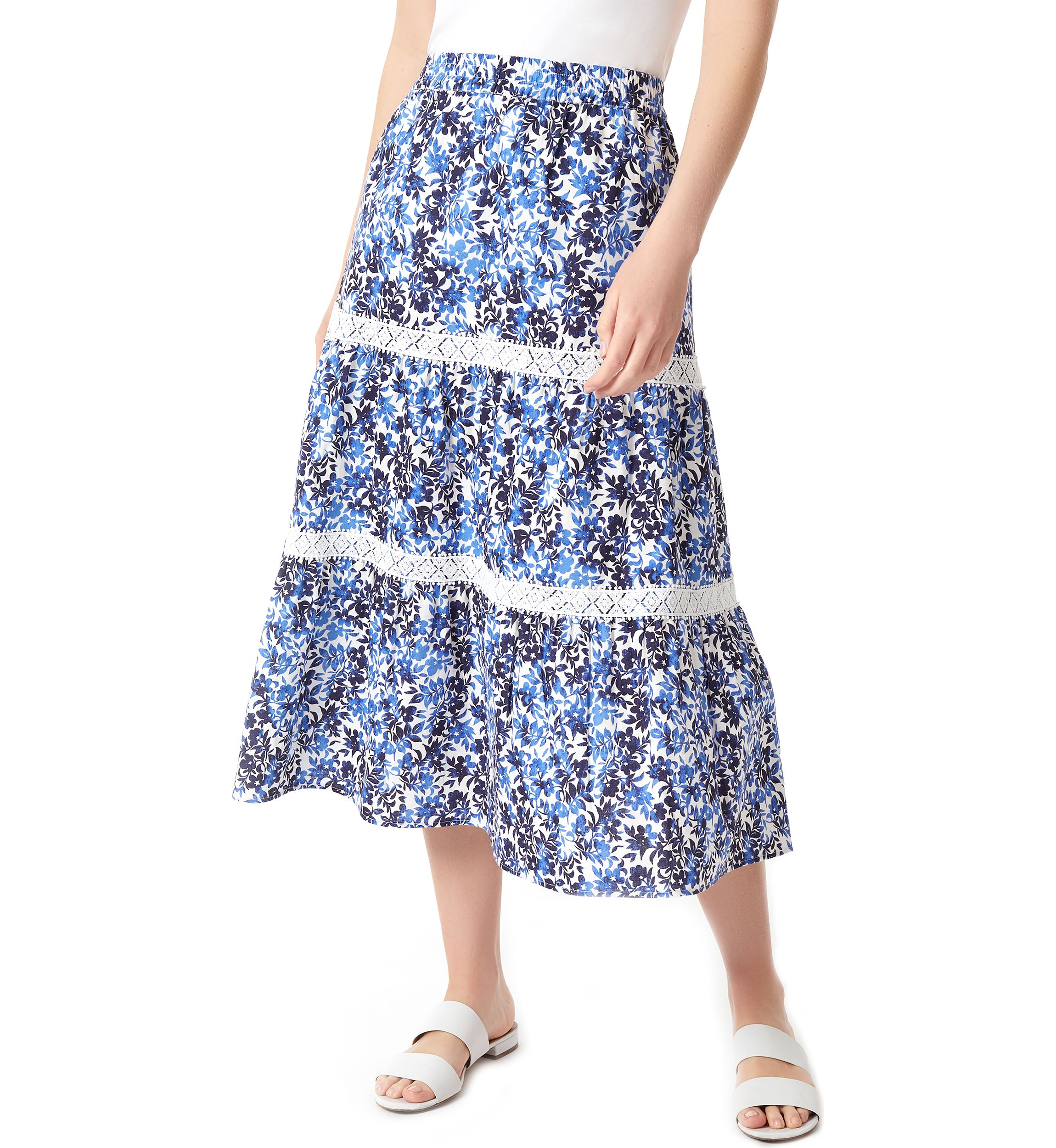 Petite Pull On Tiered Lace Trim Maxi Skirt