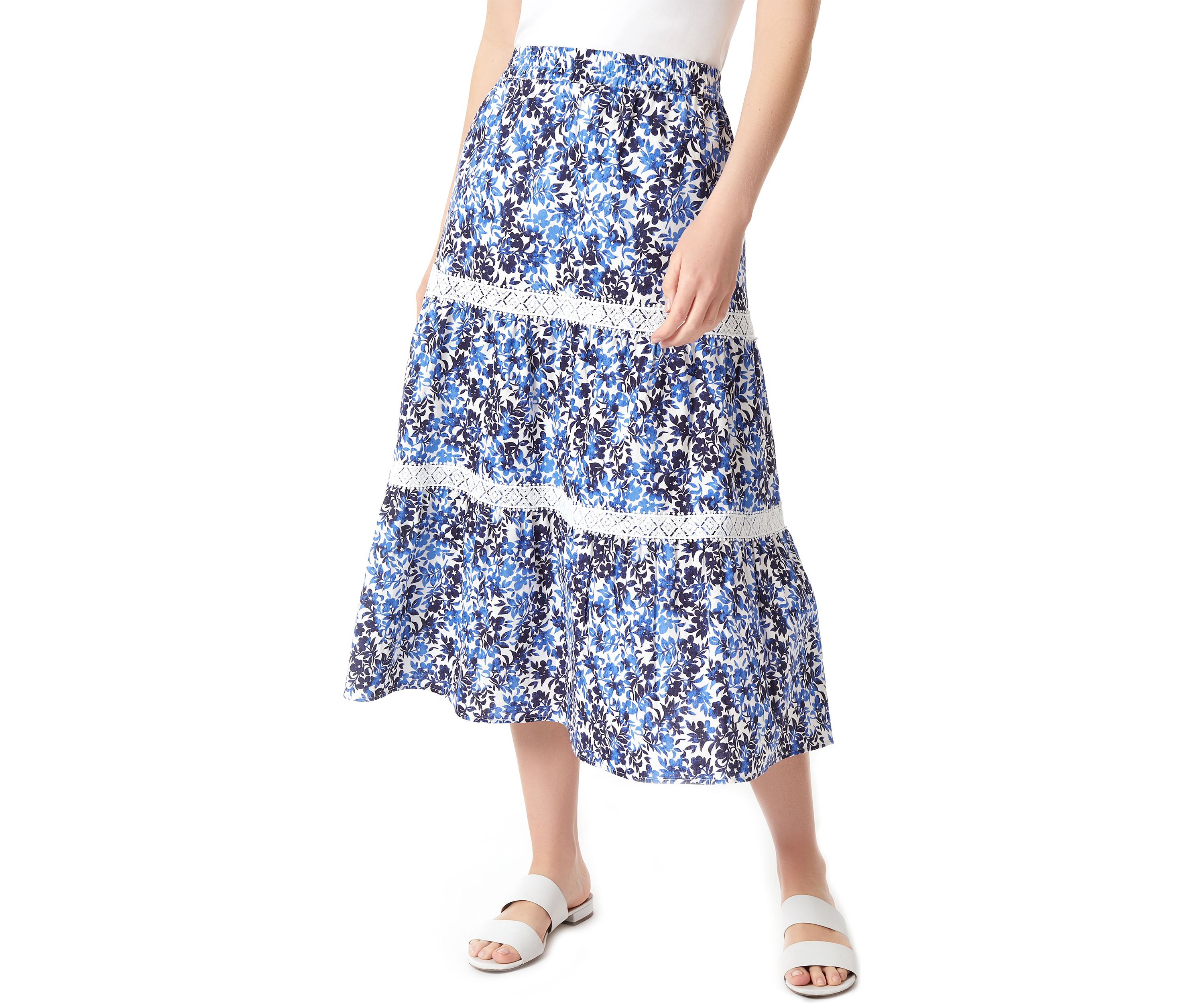 Petite Pull On Tiered Lace Trim Maxi Skirt