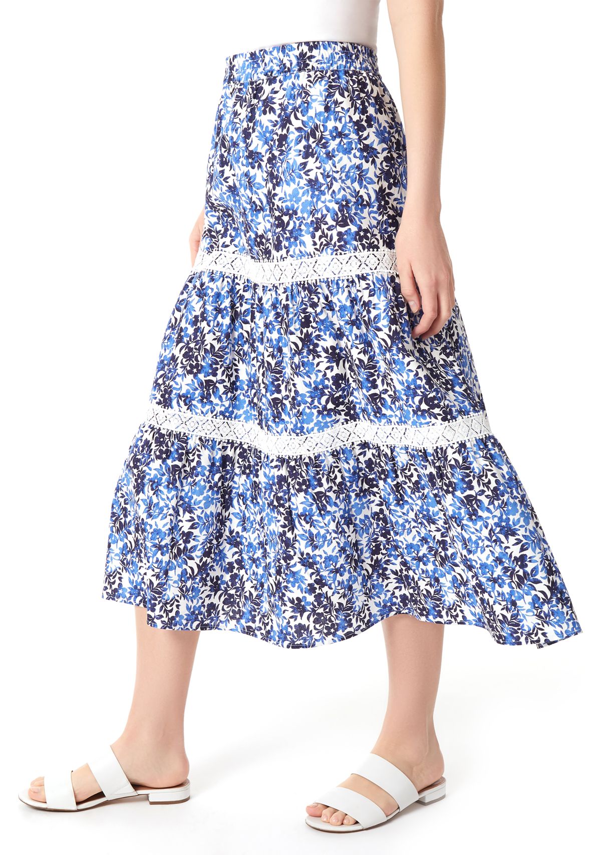 Petite Pull On Tiered Lace Trim Maxi Skirt