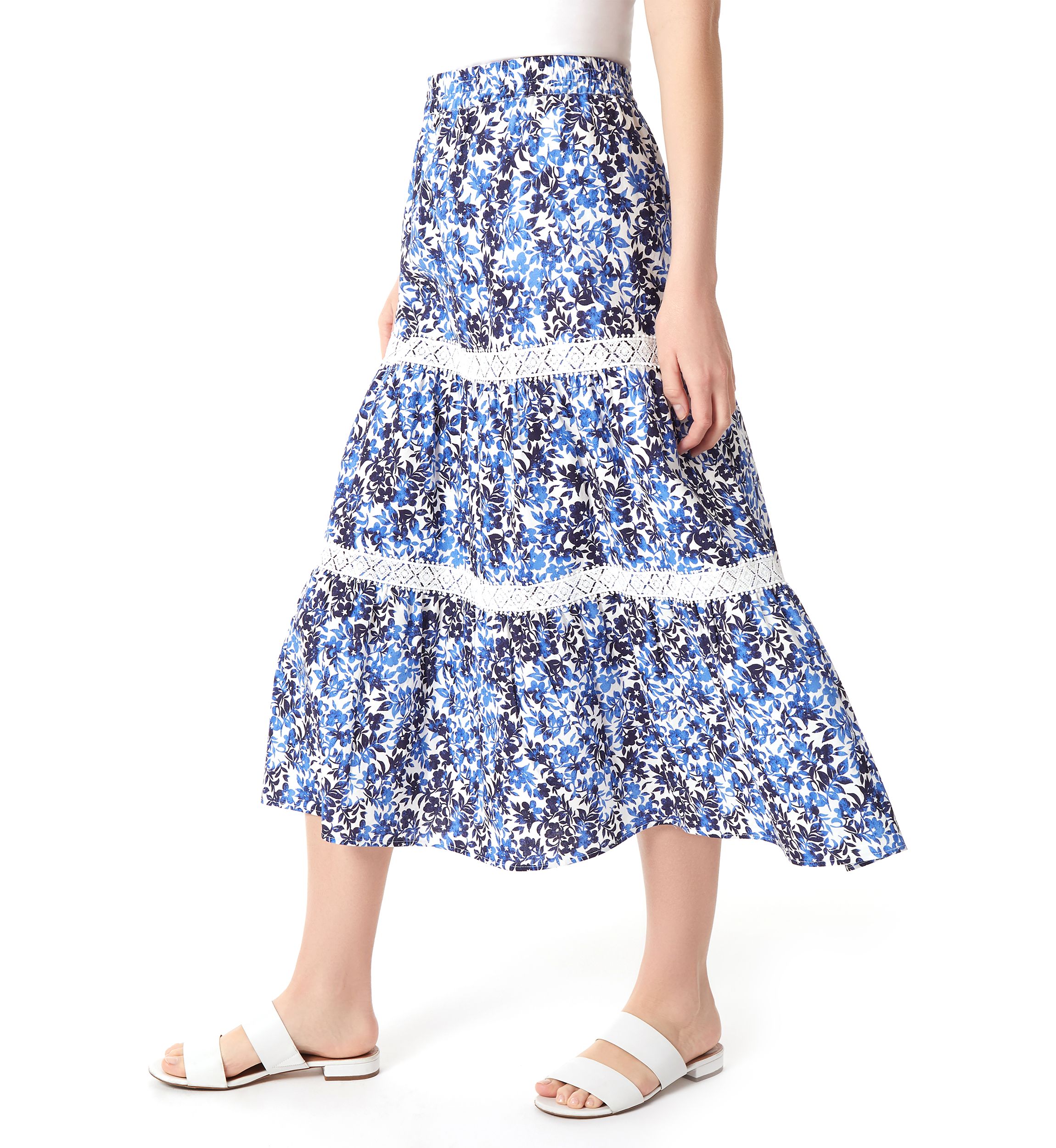 Petite Pull On Tiered Lace Trim Maxi Skirt
