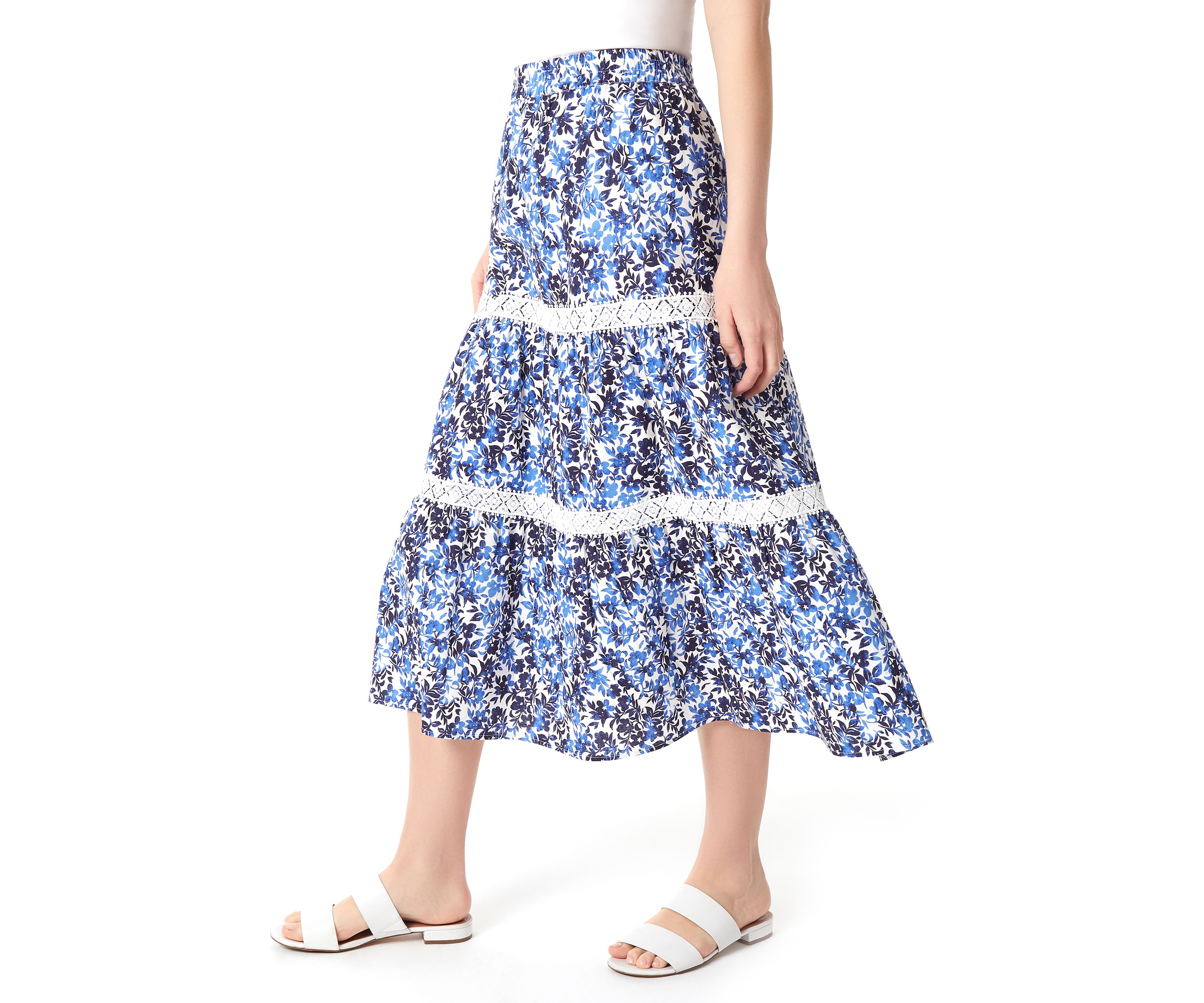 Petite Pull On Tiered Lace Trim Maxi Skirt