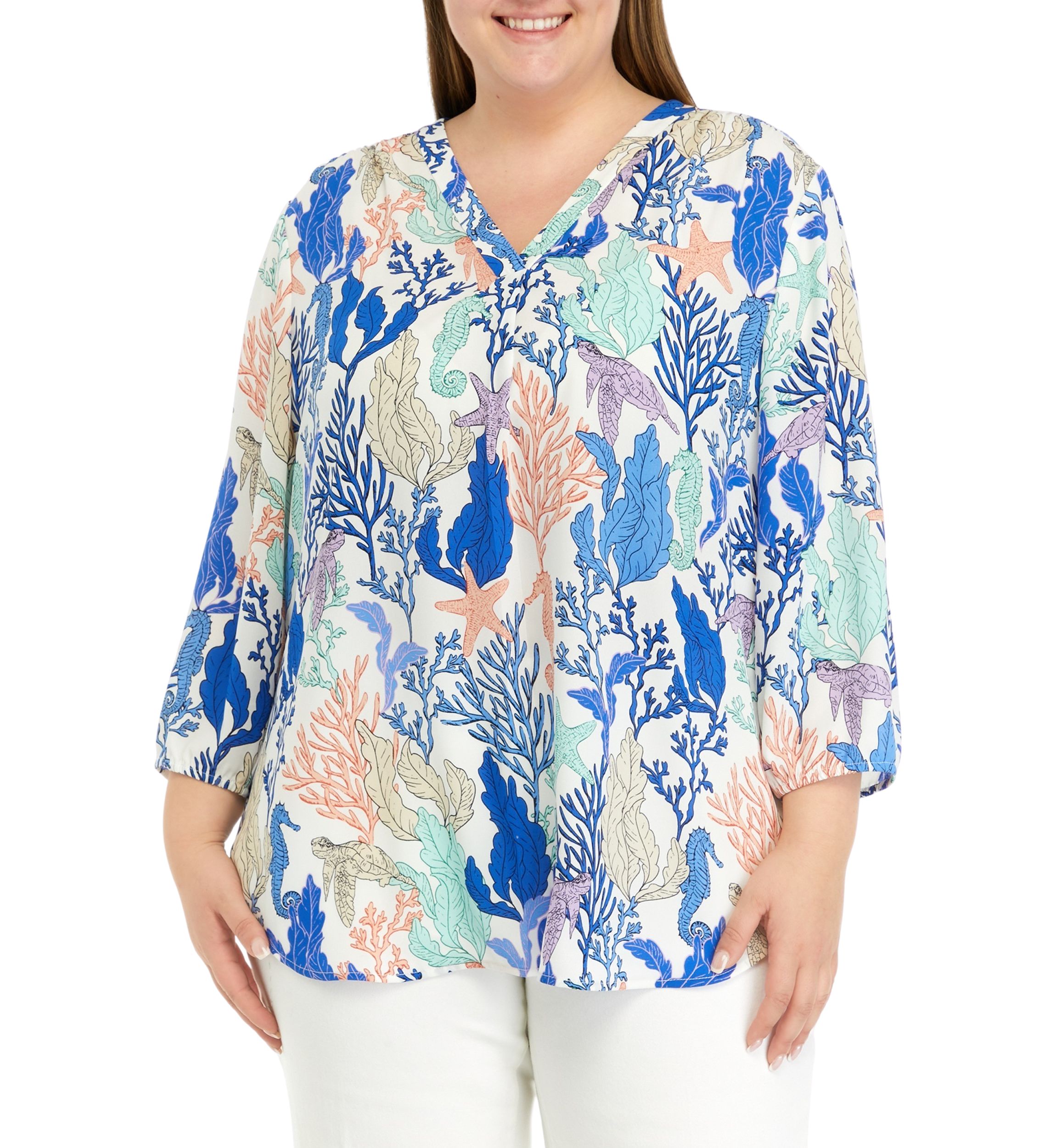 Plus Size 3/4 Sleeve V-Neck Pleat Front Printed Tunic Top