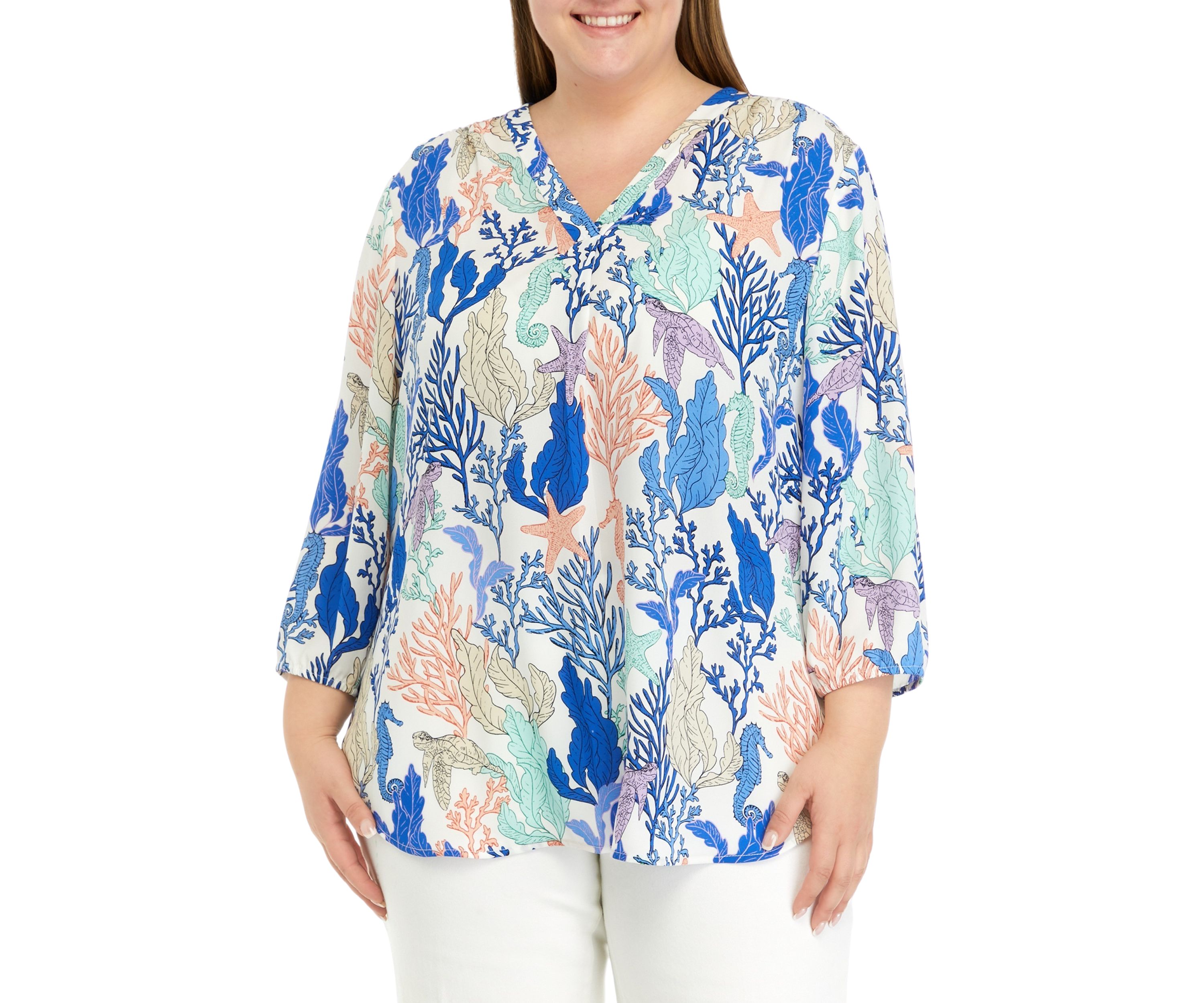 Plus Size 3/4 Sleeve V-Neck Pleat Front Printed Tunic Top