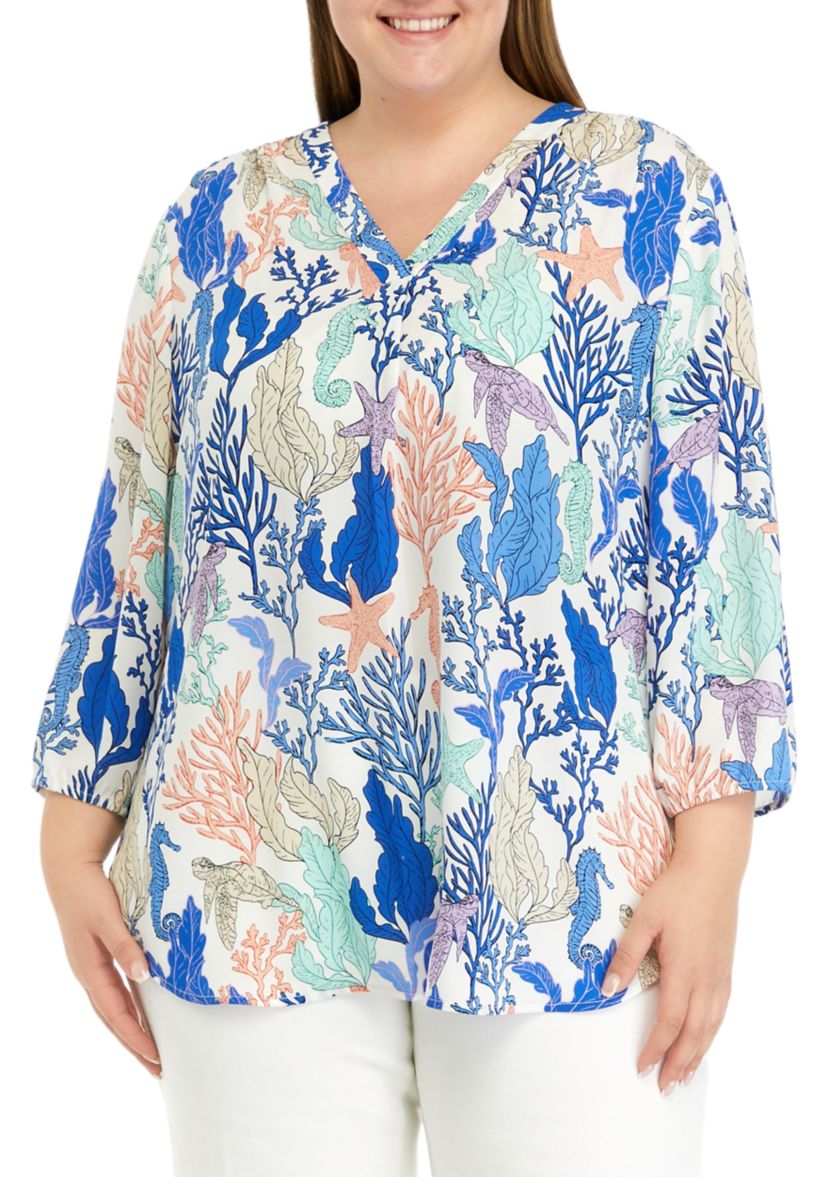 Plus Size 3/4 Sleeve V-Neck Pleat Front Printed Tunic Top