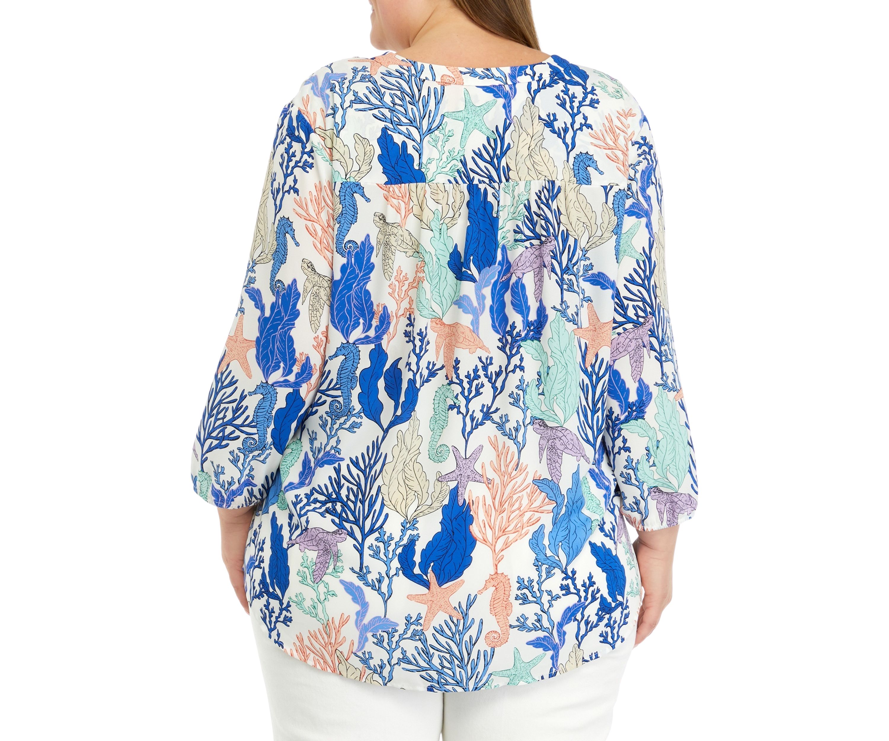Plus Size 3/4 Sleeve V-Neck Pleat Front Printed Tunic Top